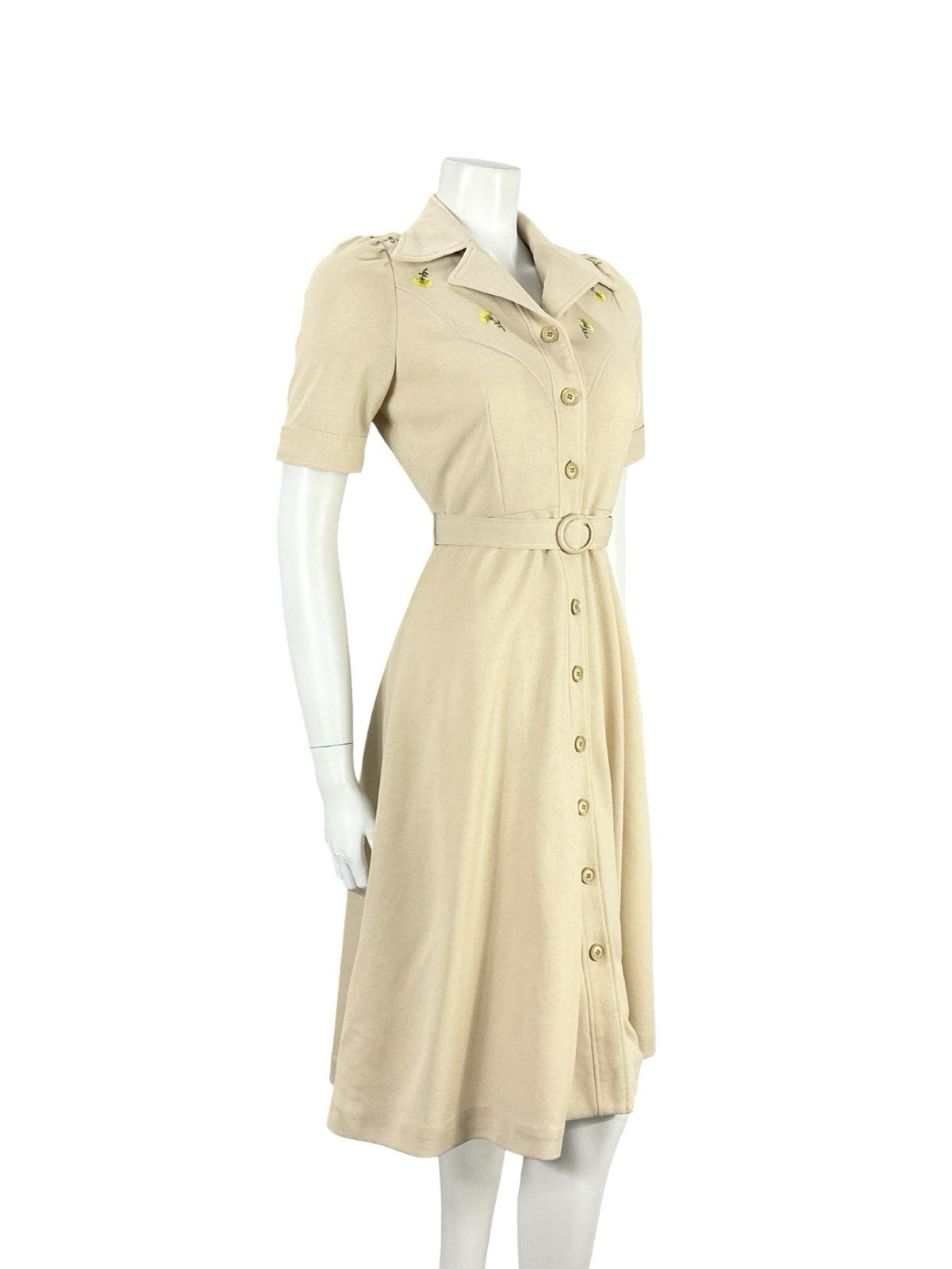 VTG JAPANESE 70S BEIGE YELLOW FLORAL EMBROIDERY A LINE BELTED SHIRT DRESS 8