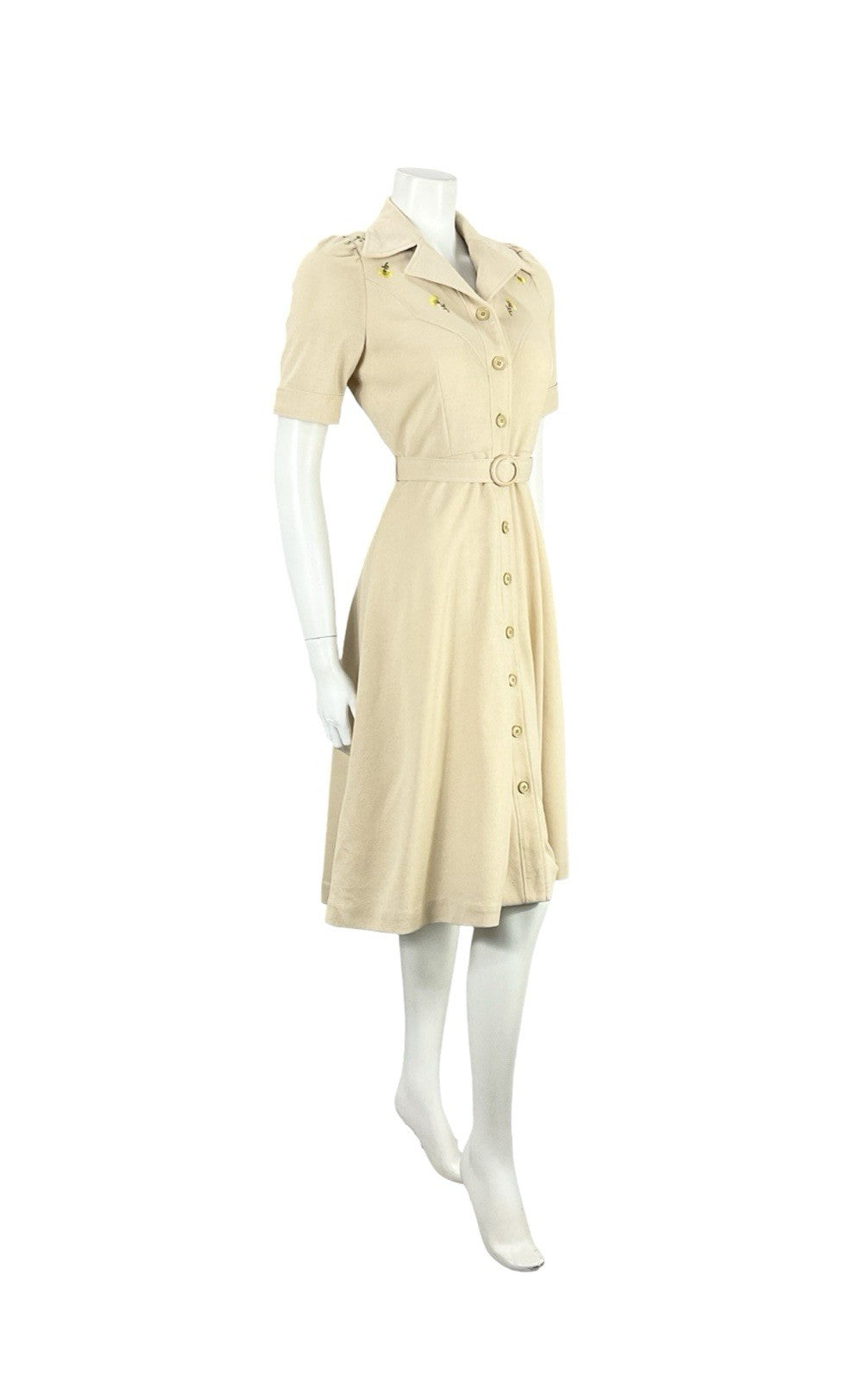 VTG JAPANESE 70S BEIGE YELLOW FLORAL EMBROIDERY A LINE BELTED SHIRT DRESS 8