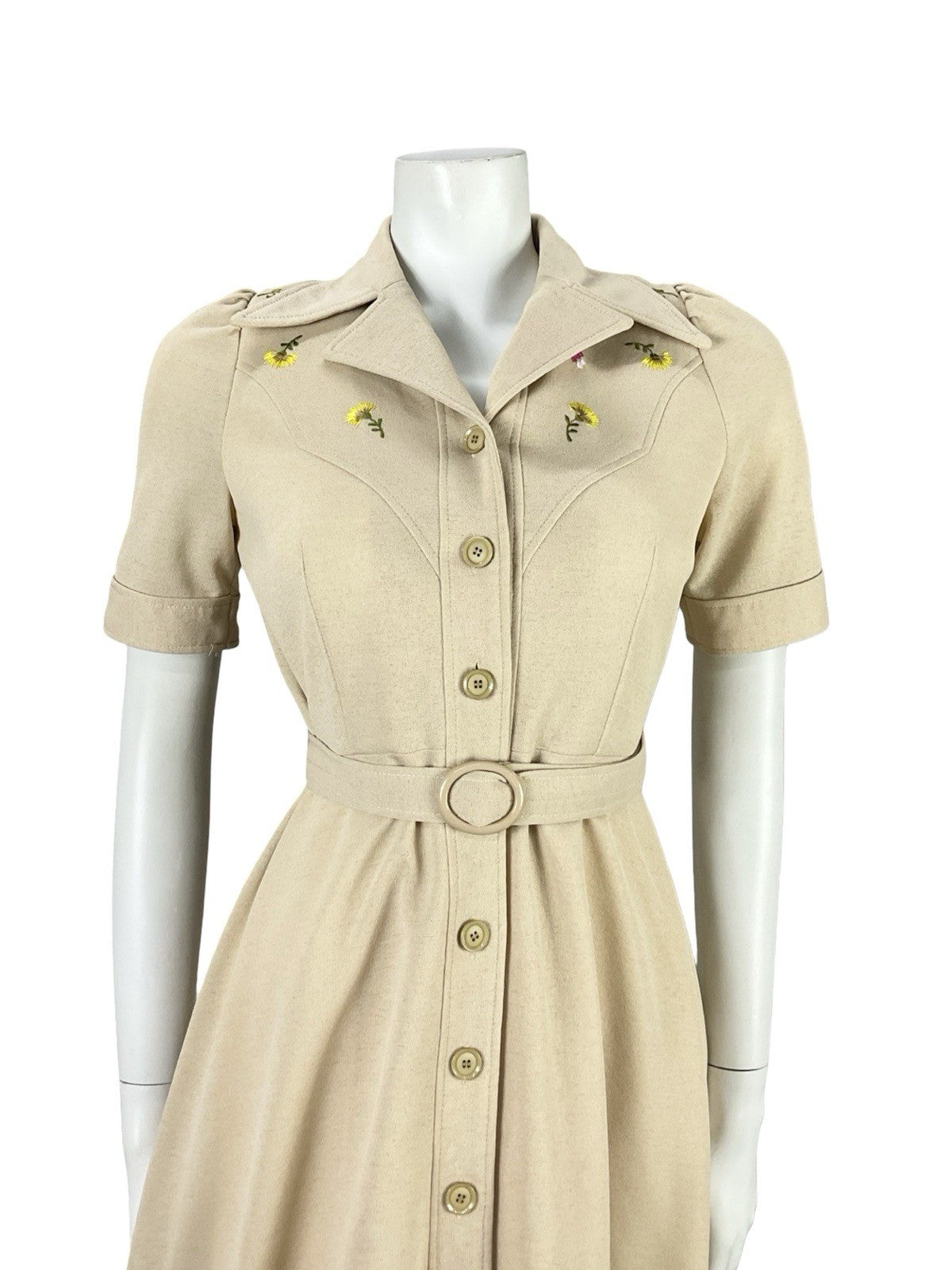 VTG JAPANESE 70S BEIGE YELLOW FLORAL EMBROIDERY A LINE BELTED SHIRT DRESS 8