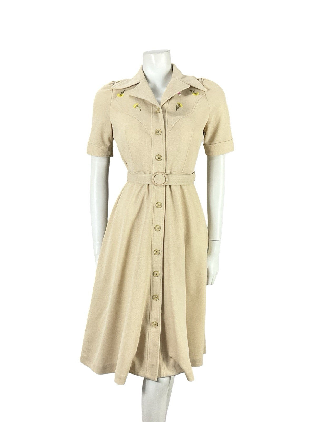 VTG JAPANESE 70S BEIGE YELLOW FLORAL EMBROIDERY A LINE BELTED SHIRT DRESS 8