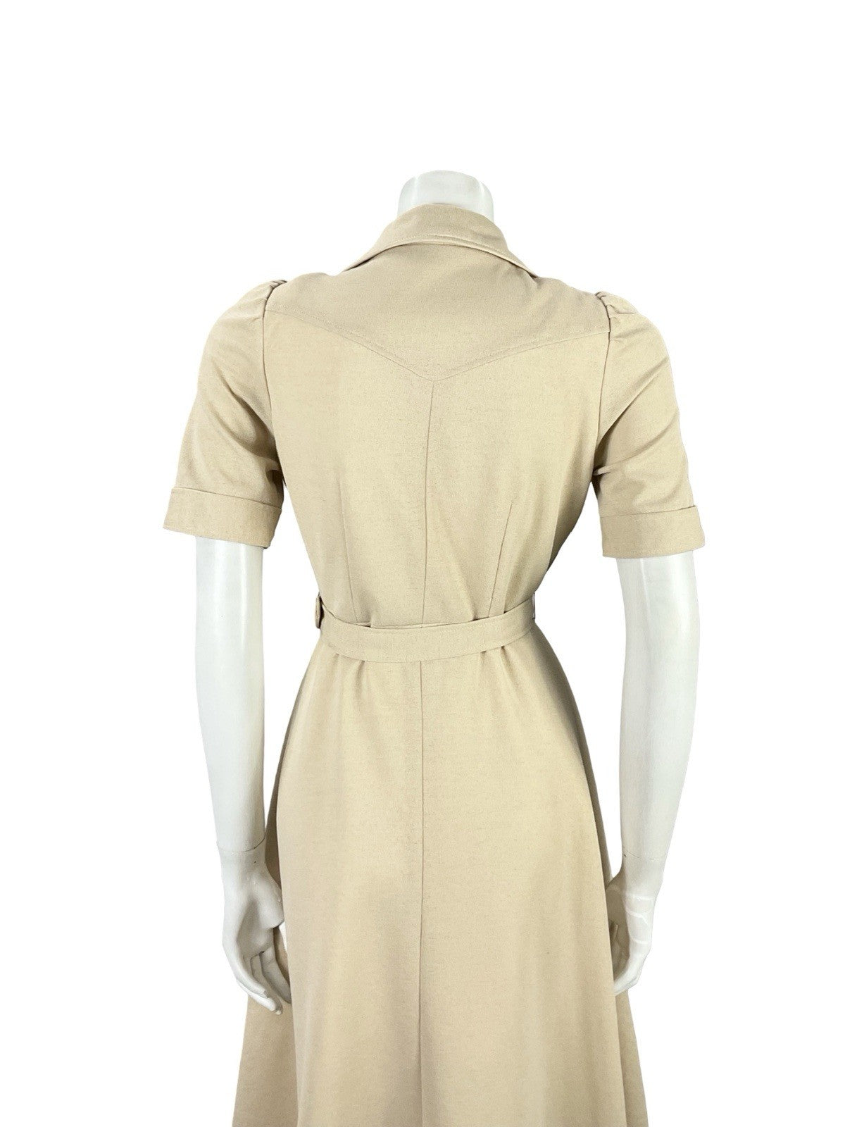 VTG JAPANESE 70S BEIGE YELLOW FLORAL EMBROIDERY A LINE BELTED SHIRT DRESS 8