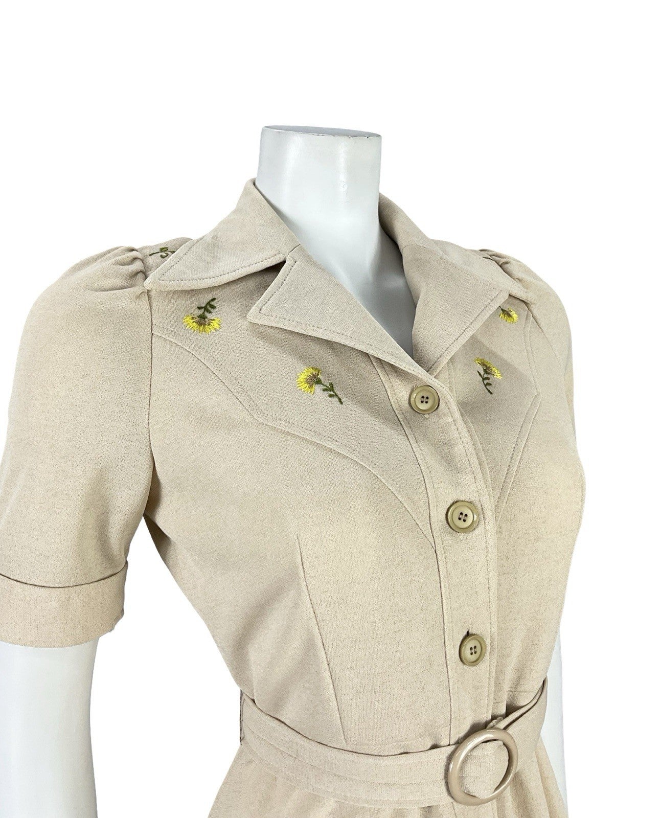 VTG JAPANESE 70S BEIGE YELLOW FLORAL EMBROIDERY A LINE BELTED SHIRT DRESS 8