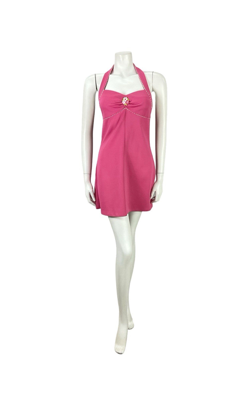 VTG 70S HOT PINK WHITE SCALLOPED MOD GOGO FLORAL EMPIRE HALTER MINI DRESS XS 6