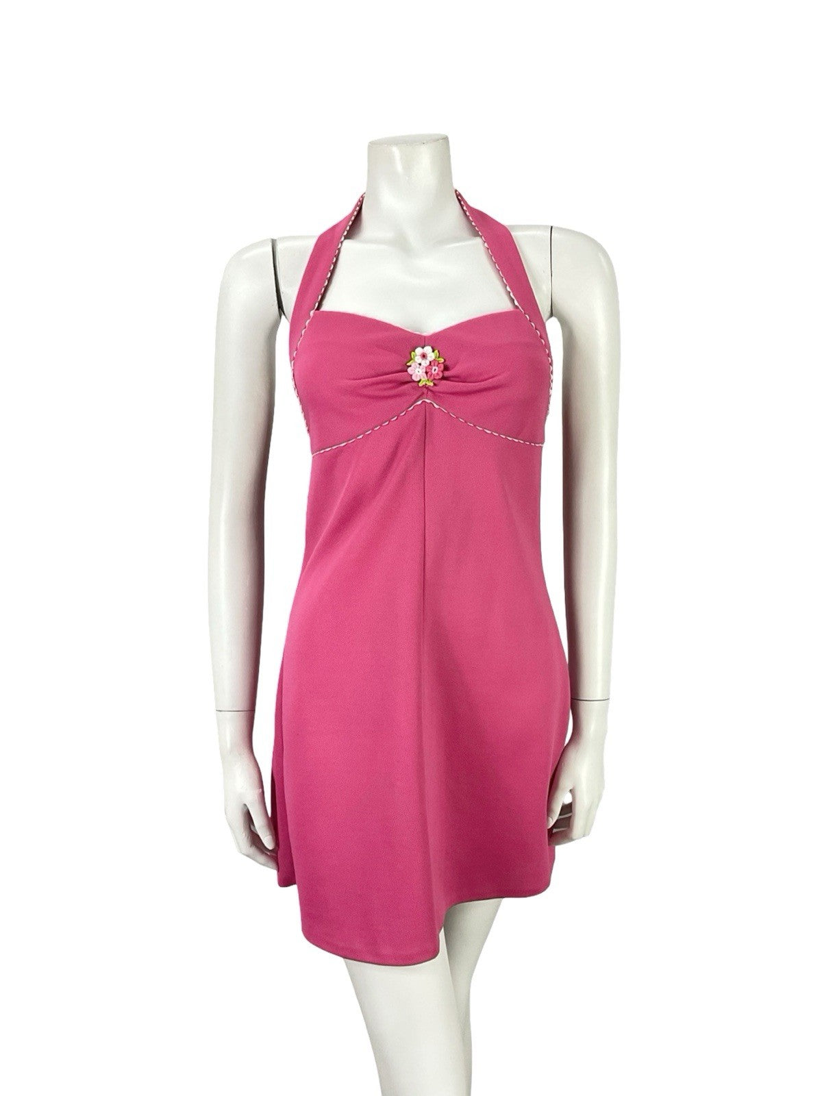 VTG 70S HOT PINK WHITE SCALLOPED MOD GOGO FLORAL EMPIRE HALTER MINI DRESS XS 6