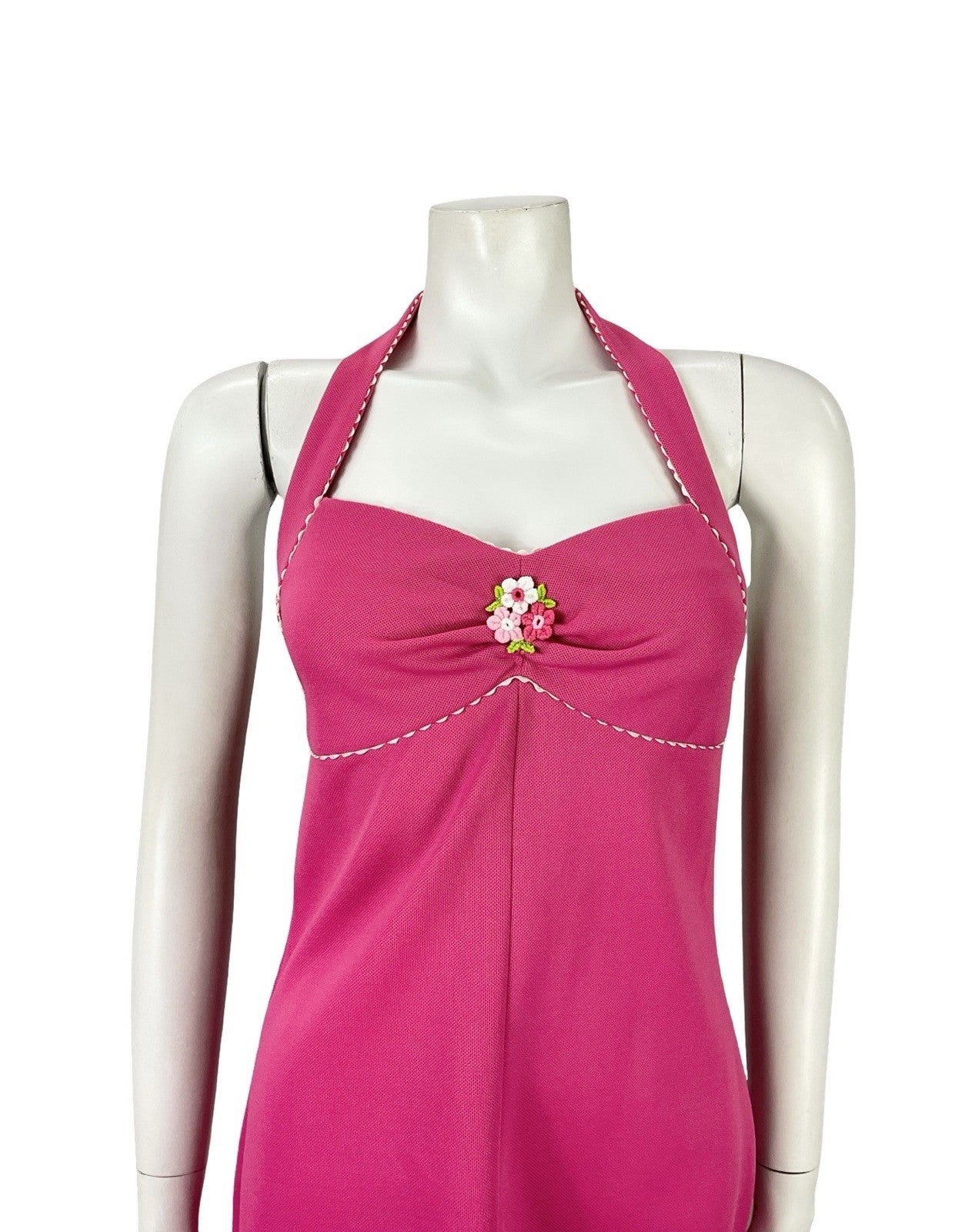 VTG 70S HOT PINK WHITE SCALLOPED MOD GOGO FLORAL EMPIRE HALTER MINI DRESS XS 6