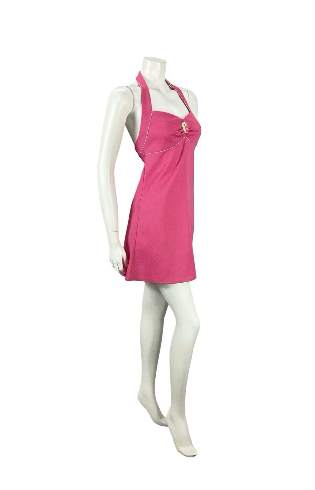 VTG 70S HOT PINK WHITE SCALLOPED MOD GOGO FLORAL EMPIRE HALTER MINI DRESS XS 6