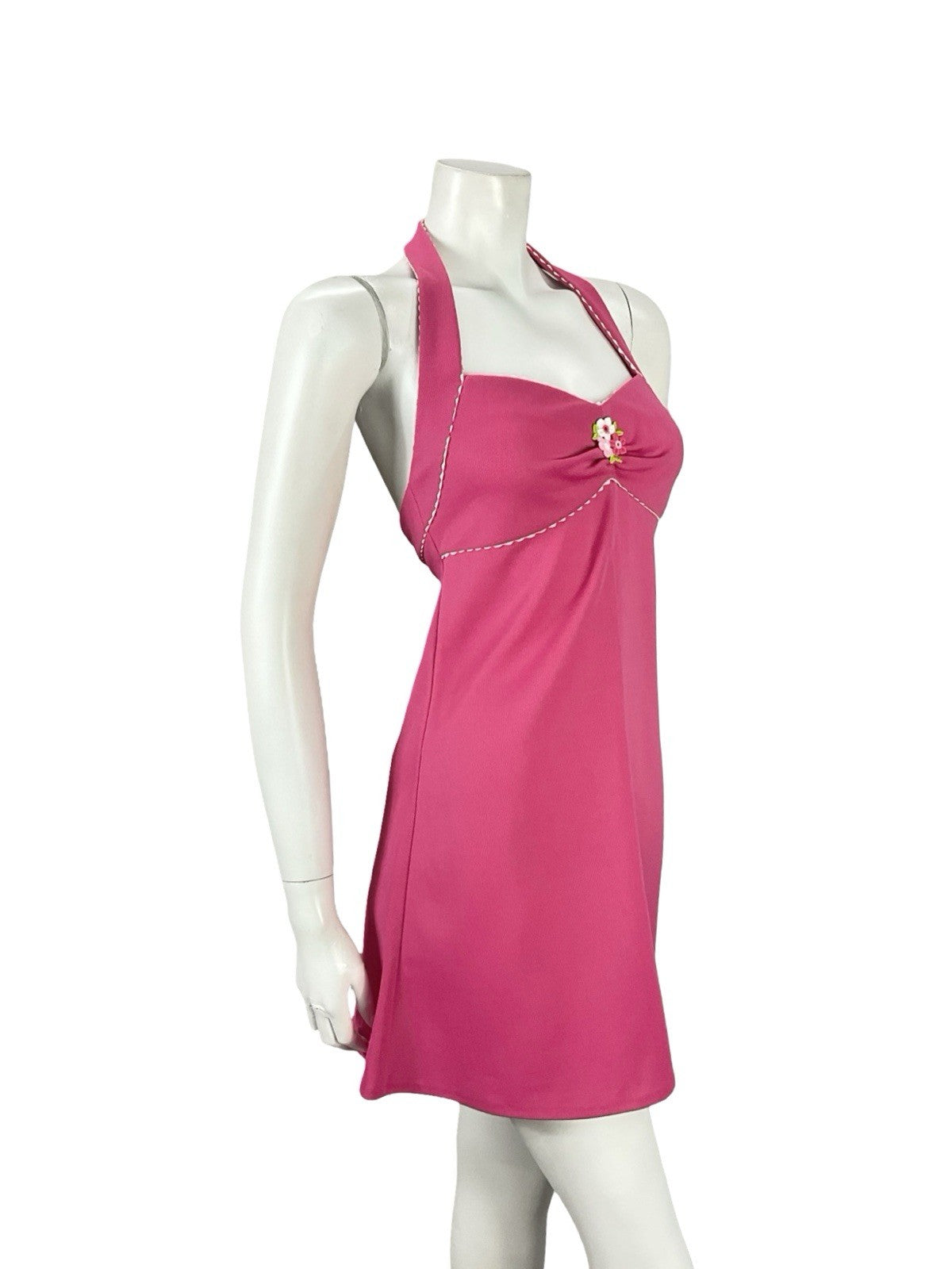 VTG 70S HOT PINK WHITE SCALLOPED MOD GOGO FLORAL EMPIRE HALTER MINI DRESS XS 6