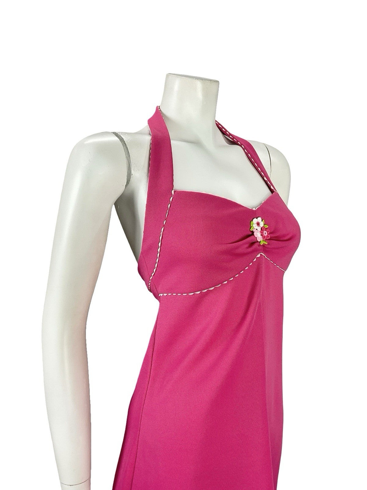 VTG 70S HOT PINK WHITE SCALLOPED MOD GOGO FLORAL EMPIRE HALTER MINI DRESS XS 6