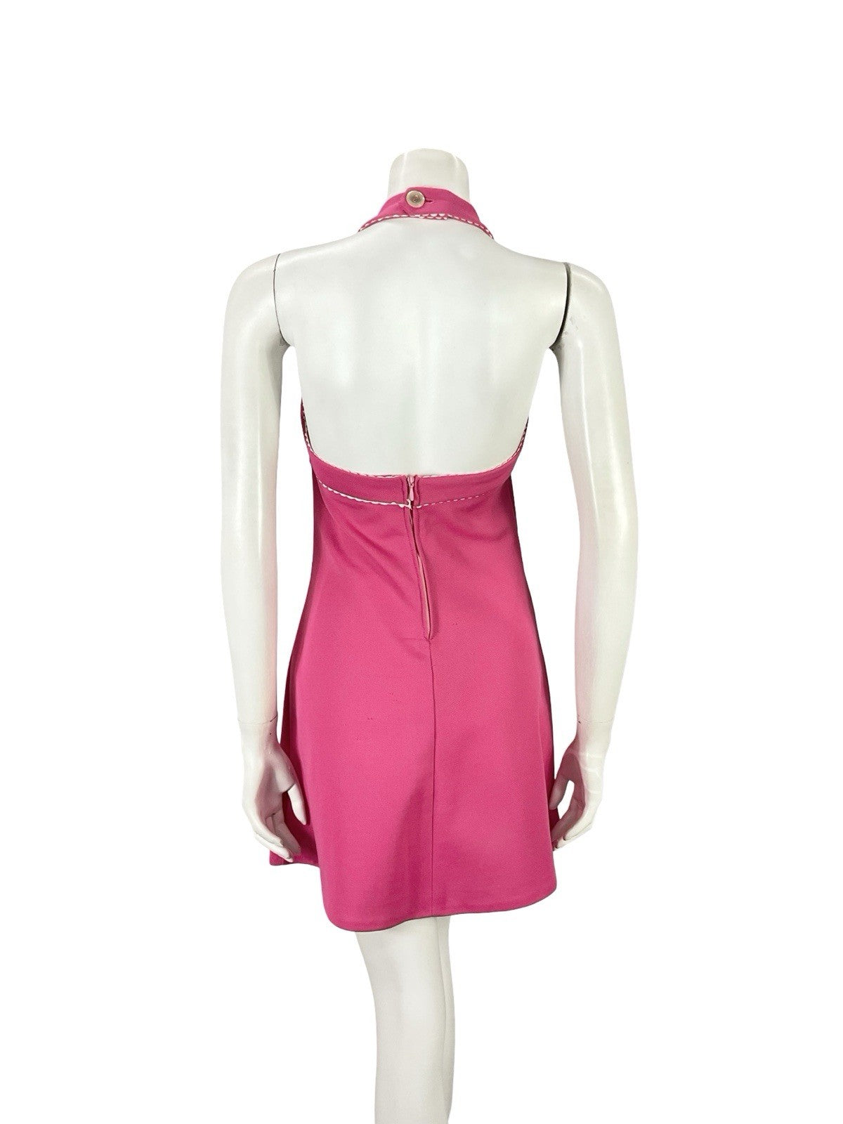 VTG 70S HOT PINK WHITE SCALLOPED MOD GOGO FLORAL EMPIRE HALTER MINI DRESS XS 6