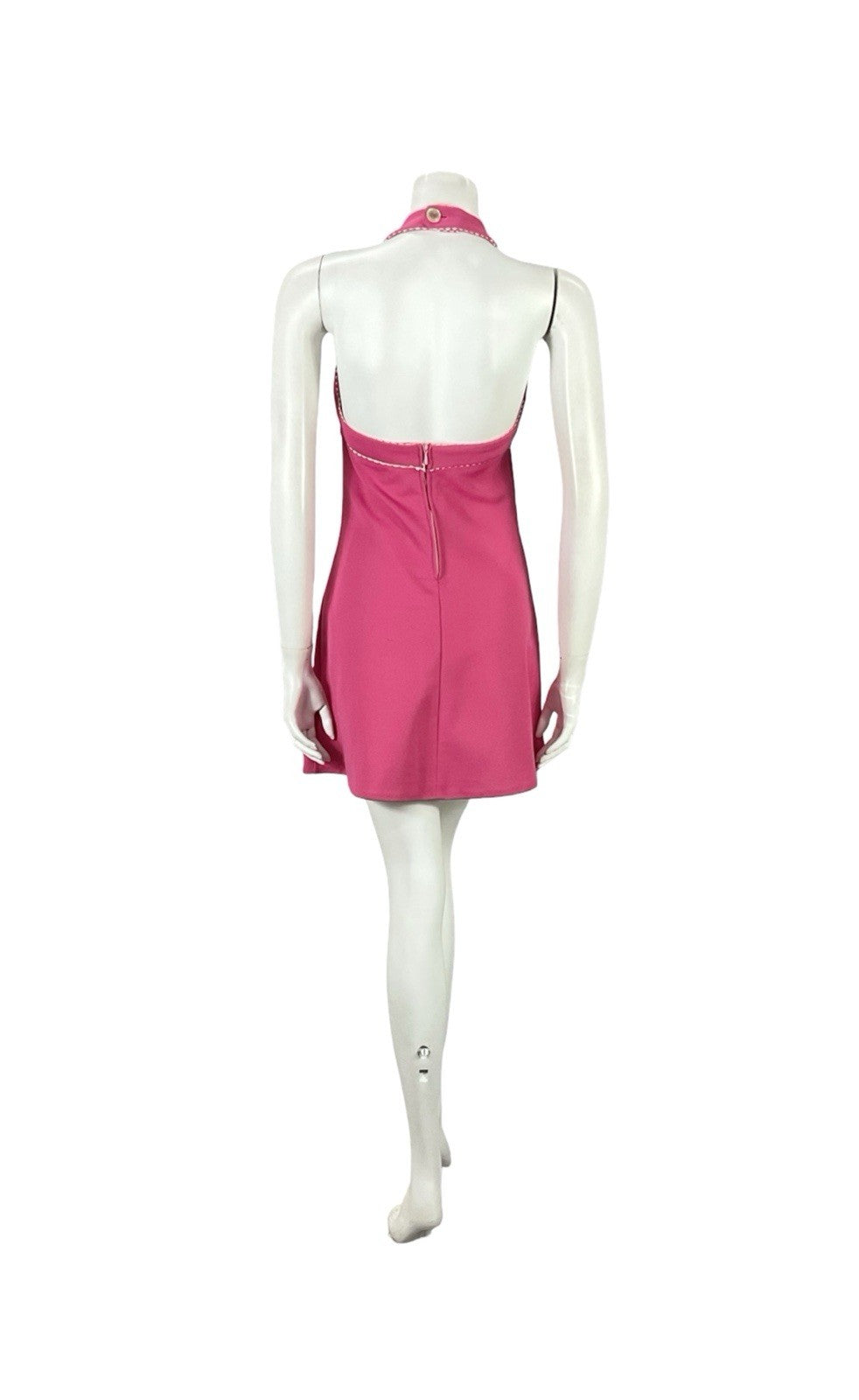 VTG 70S HOT PINK WHITE SCALLOPED MOD GOGO FLORAL EMPIRE HALTER MINI DRESS XS 6