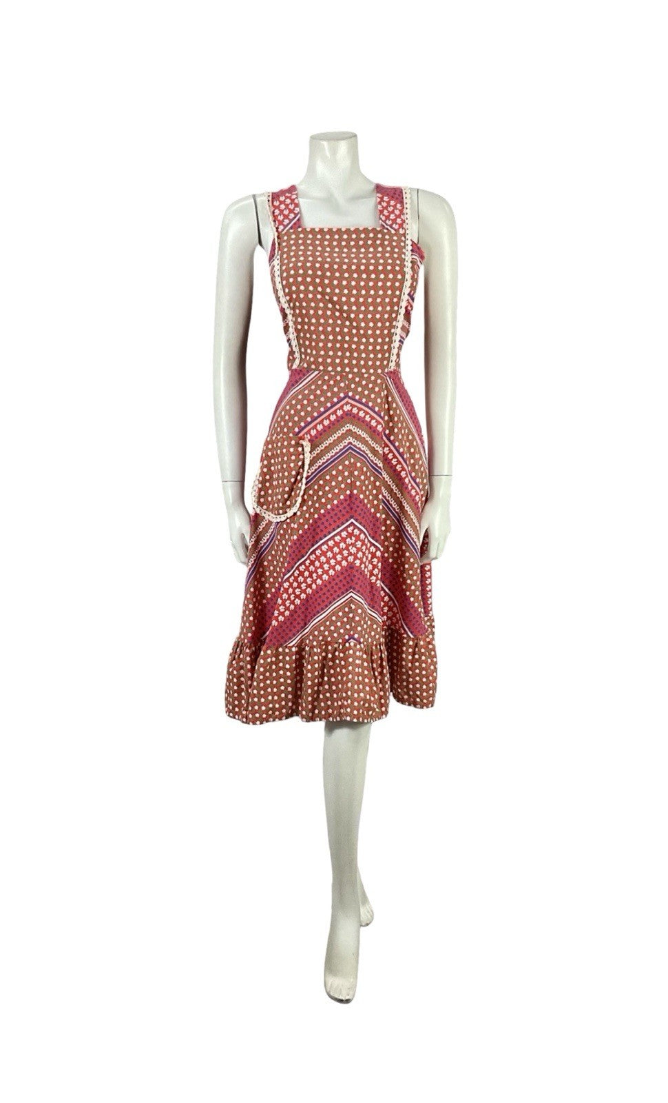 VTG 70S RED WHITE BLUE GREEN RIC RAC FLORAL COTTAGE PINAFORE SUN DRESS 10