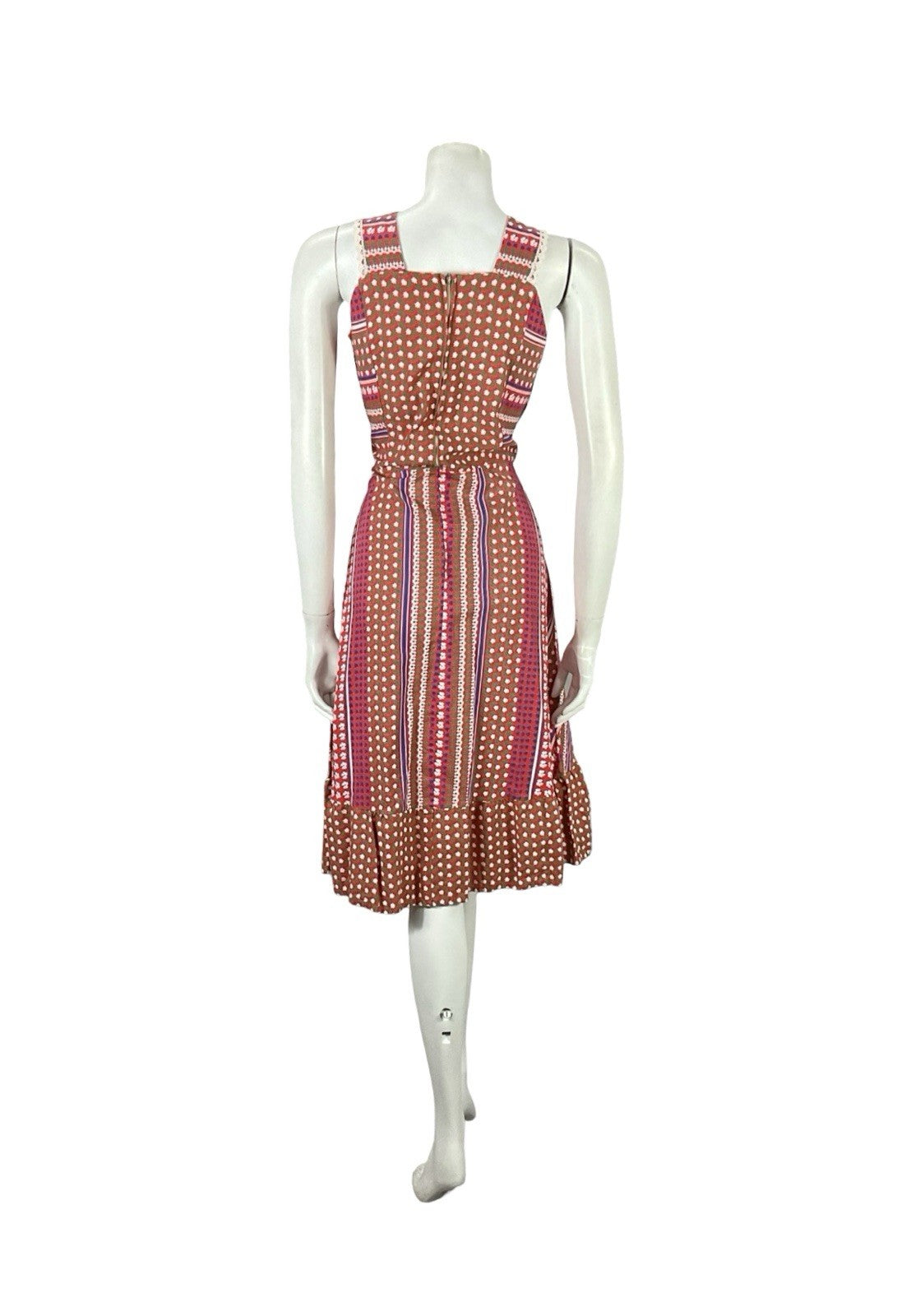 VTG 70S RED WHITE BLUE GREEN RIC RAC FLORAL COTTAGE PINAFORE SUN DRESS 10