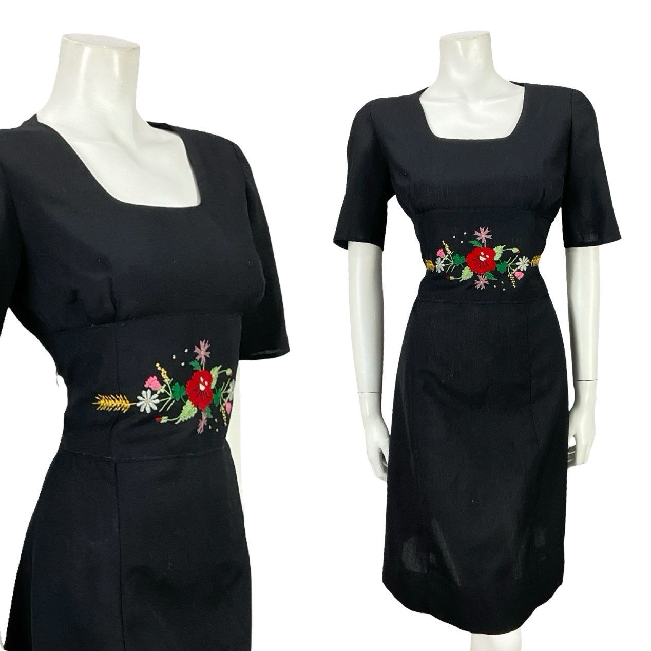 VTG 60S MOD FOLK BLACK RED GREEN FLORAL WHEAT SQUARE NECK WIGGLE DRESS 10