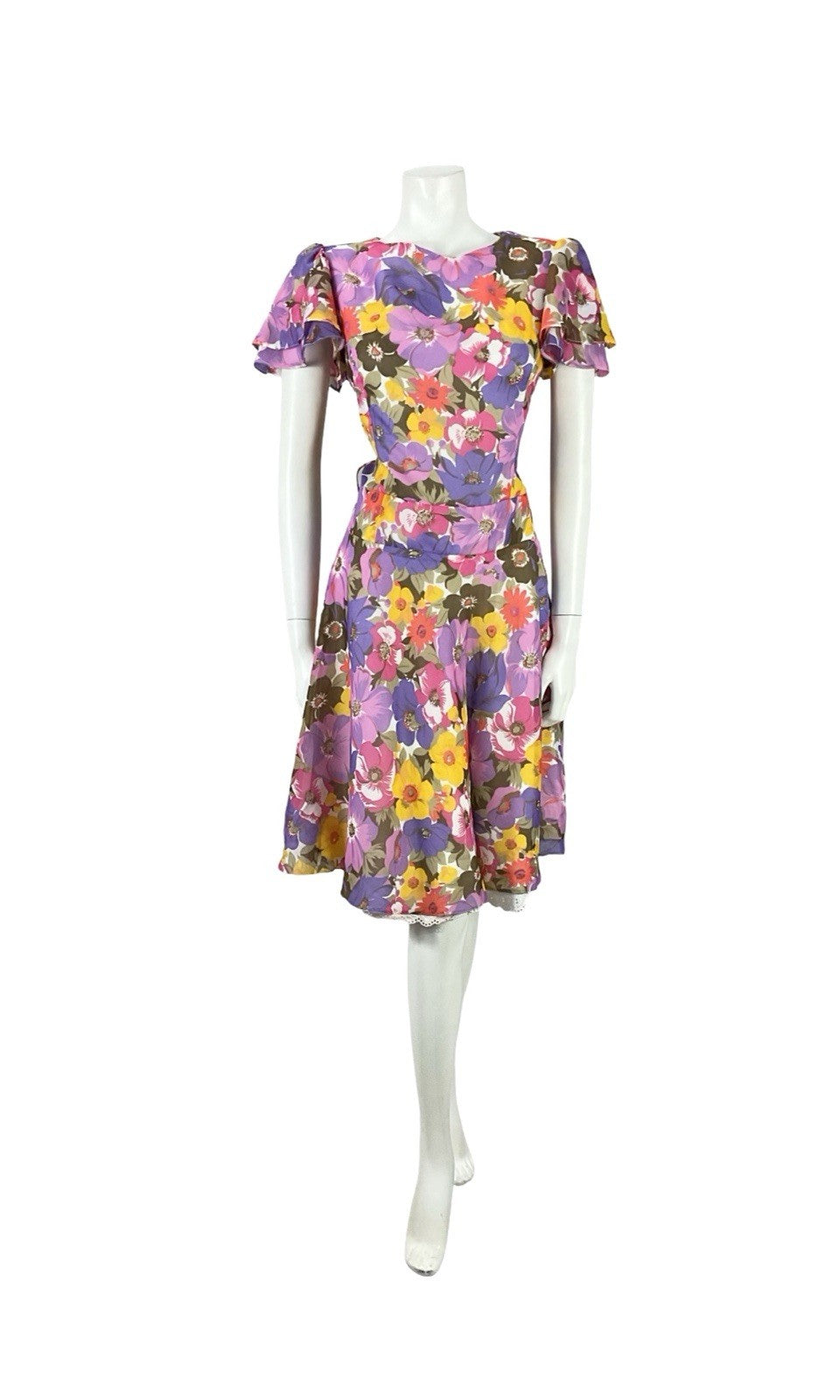 VTG 60S 70S PURPLE PINK YELLOW BROWN FLORAL BUTTERFLY SLEEVE DRESS 10