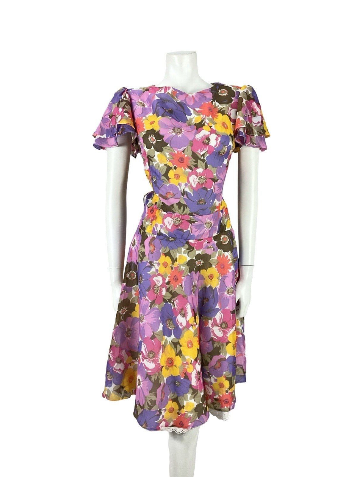 VTG 60S 70S PURPLE PINK YELLOW BROWN FLORAL BUTTERFLY SLEEVE DRESS 10
