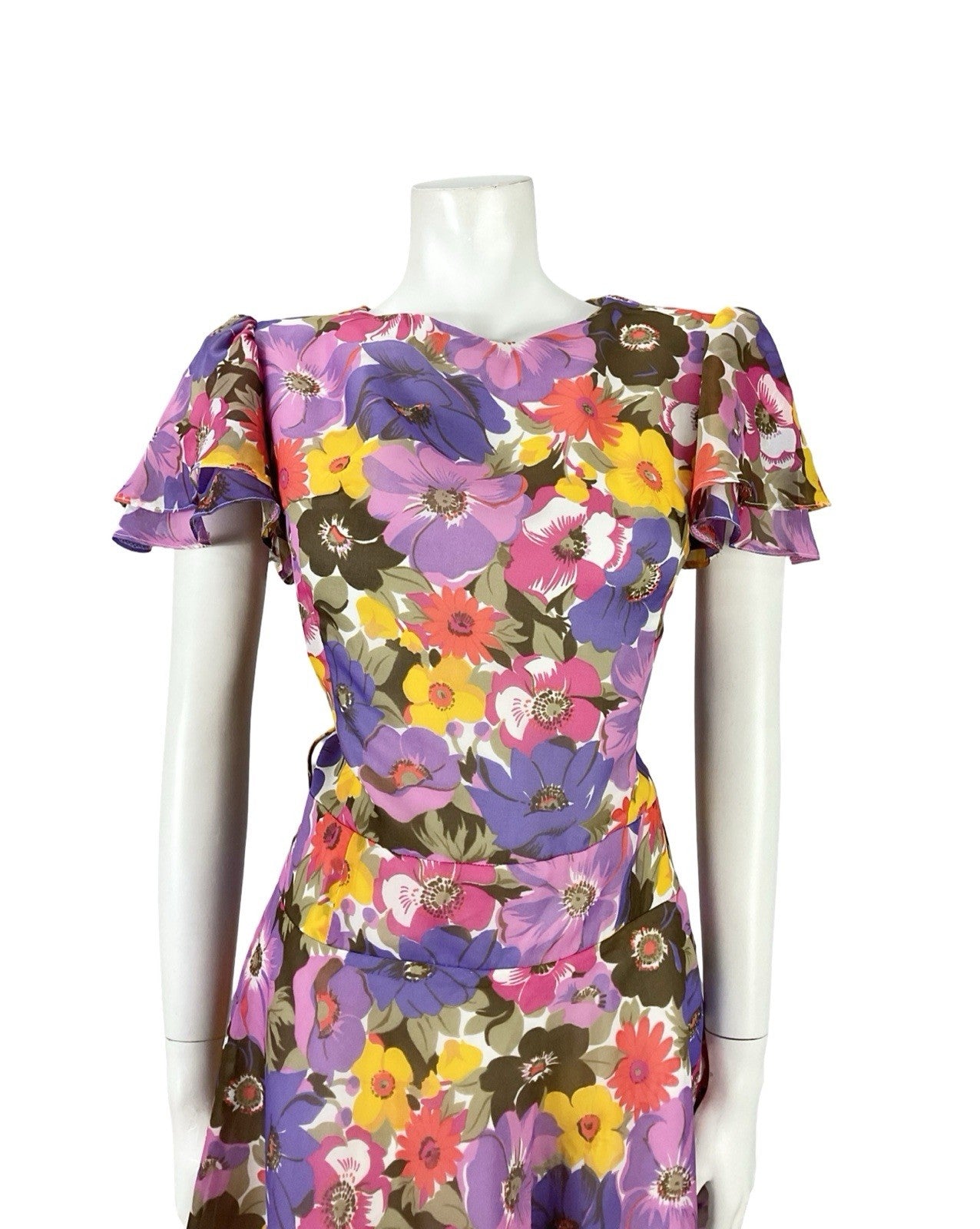 VTG 60S 70S PURPLE PINK YELLOW BROWN FLORAL BUTTERFLY SLEEVE DRESS 10