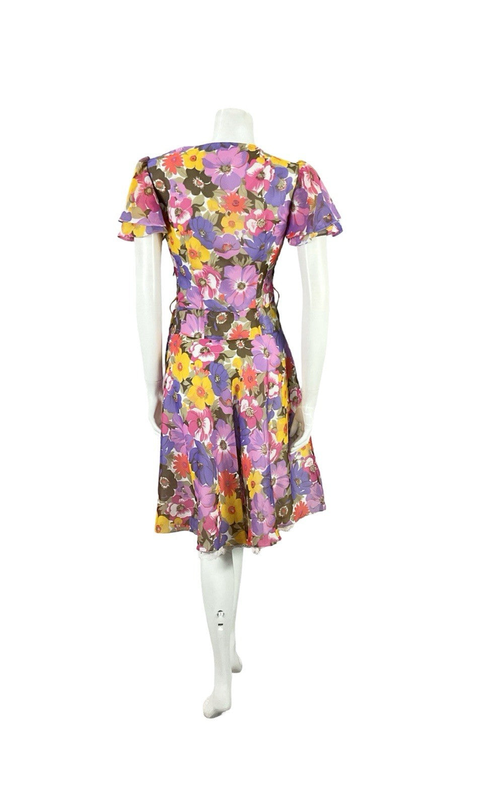 VTG 60S 70S PURPLE PINK YELLOW BROWN FLORAL BUTTERFLY SLEEVE DRESS 10