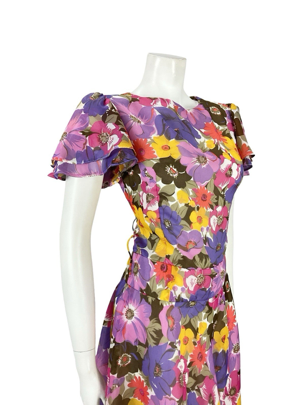 VTG 60S 70S PURPLE PINK YELLOW BROWN FLORAL BUTTERFLY SLEEVE DRESS 10