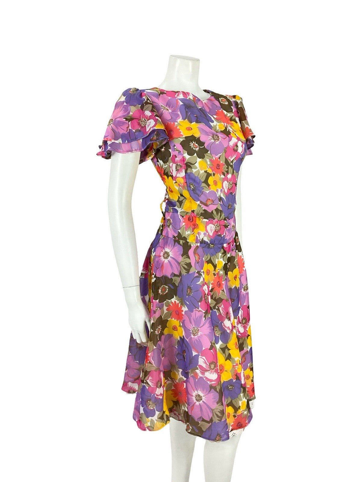 VTG 60S 70S PURPLE PINK YELLOW BROWN FLORAL BUTTERFLY SLEEVE DRESS 10