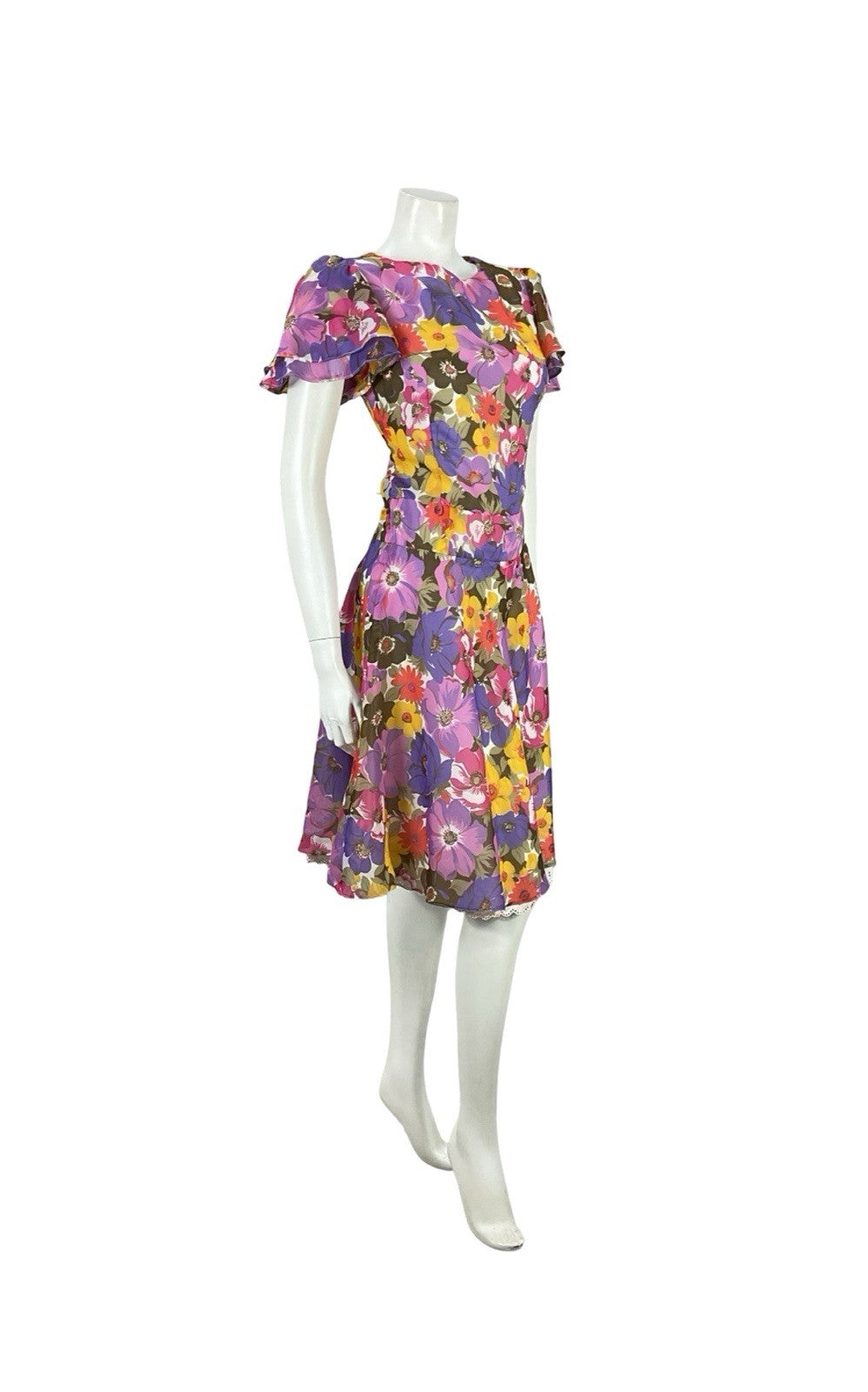 VTG 60S 70S PURPLE PINK YELLOW BROWN FLORAL BUTTERFLY SLEEVE DRESS 10