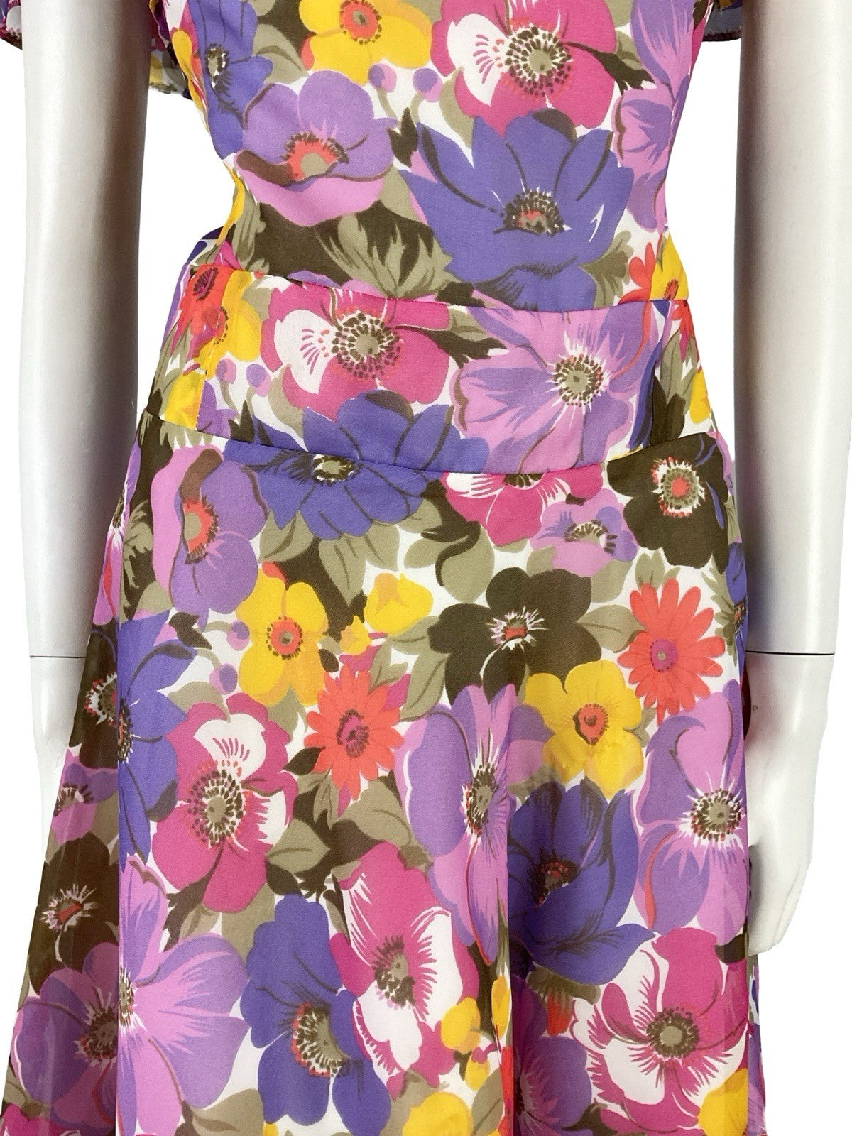 VTG 60S 70S PURPLE PINK YELLOW BROWN FLORAL BUTTERFLY SLEEVE DRESS 10