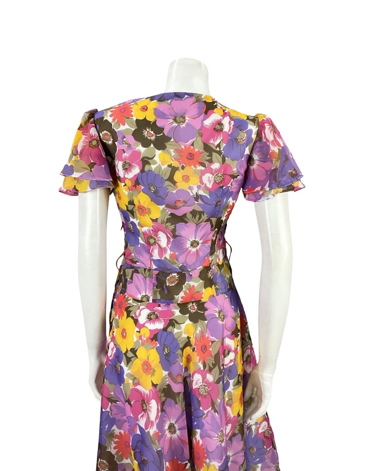 VTG 60S 70S PURPLE PINK YELLOW BROWN FLORAL BUTTERFLY SLEEVE DRESS 10