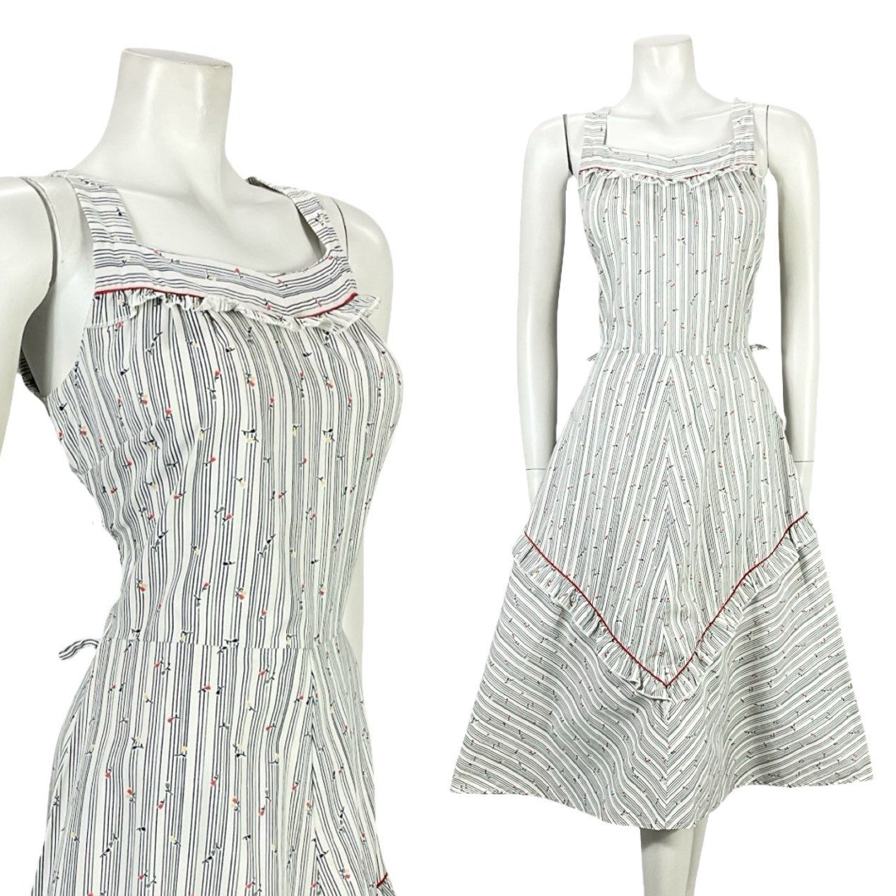 VTG 70S WHITE RED BLUE STRIPED FLORAL RUFFLE A LINE PRAIRIE SWING DRESS 8