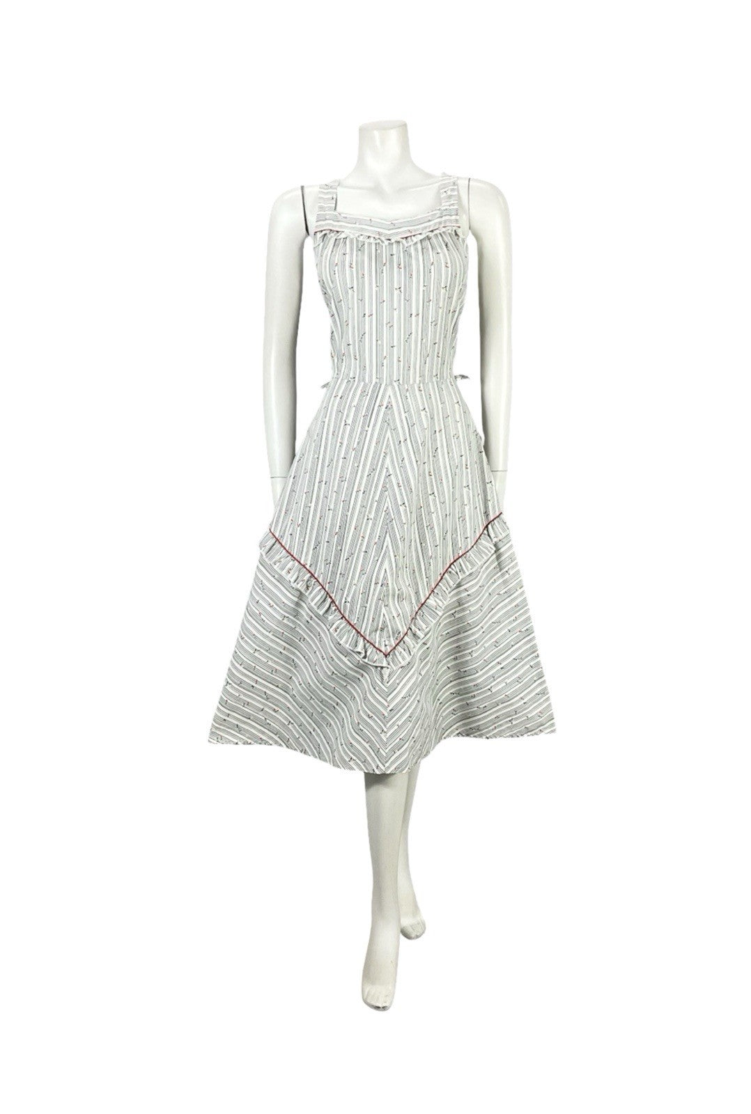 VTG 70S WHITE RED BLUE STRIPED FLORAL RUFFLE A LINE PRAIRIE SWING DRESS 8