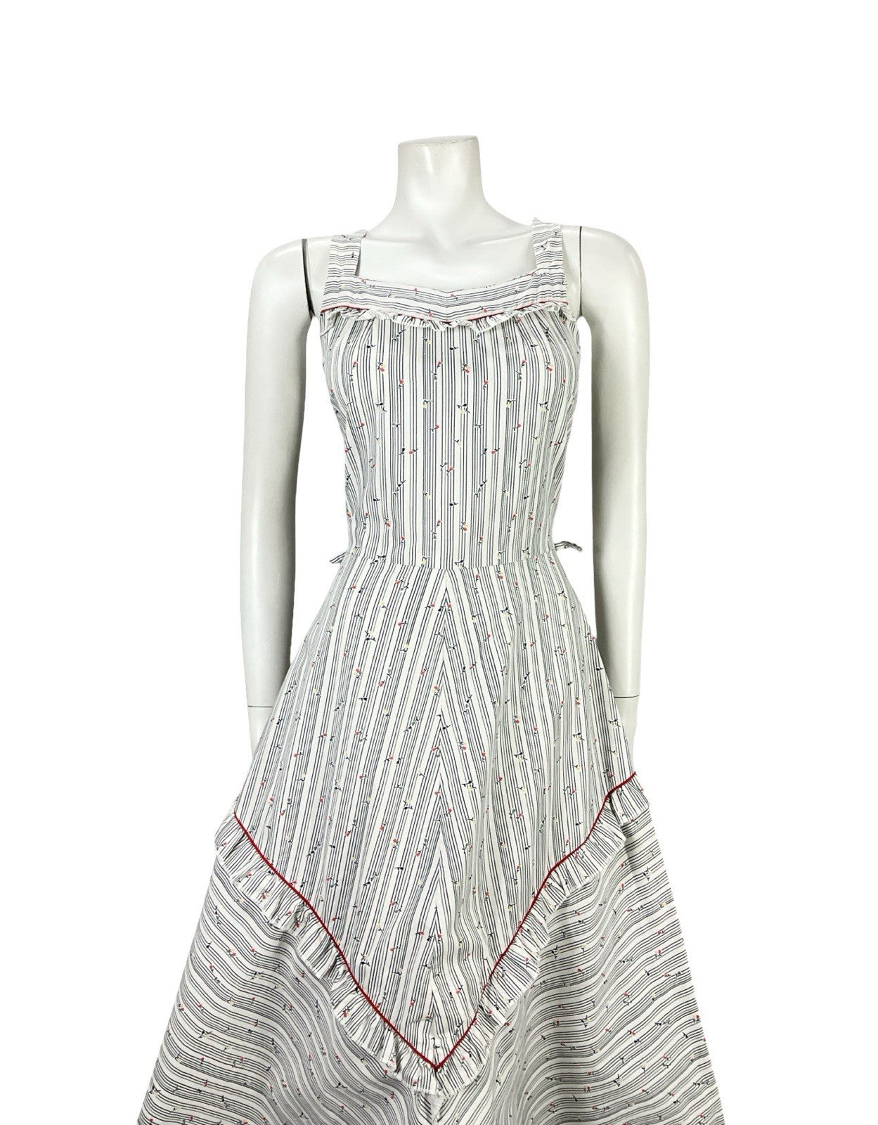 VTG 70S WHITE RED BLUE STRIPED FLORAL RUFFLE A LINE PRAIRIE SWING DRESS 8