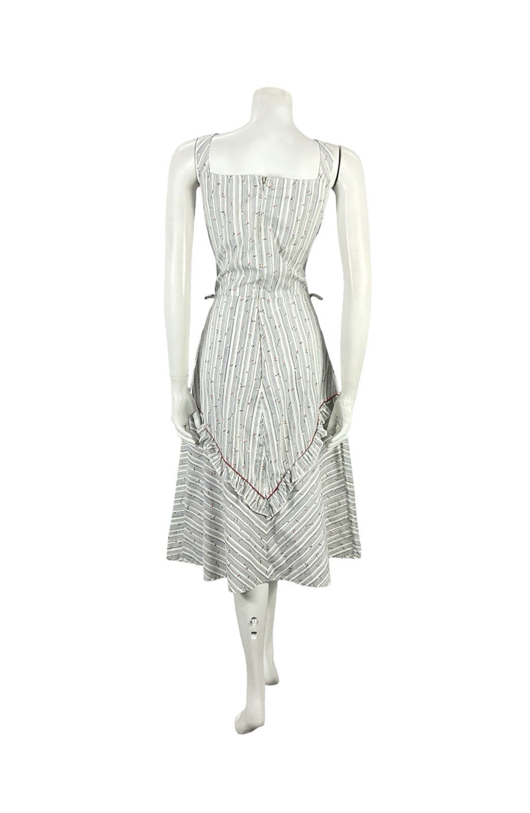 VTG 70S WHITE RED BLUE STRIPED FLORAL RUFFLE A LINE PRAIRIE SWING DRESS 8