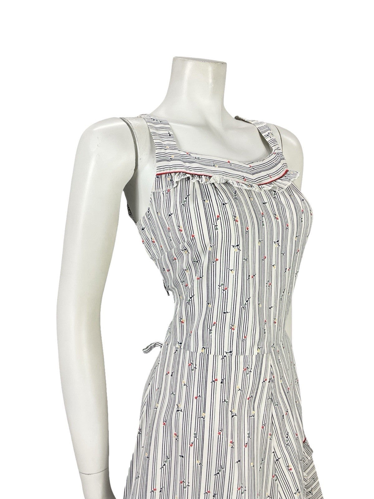 VTG 70S WHITE RED BLUE STRIPED FLORAL RUFFLE A LINE PRAIRIE SWING DRESS 8