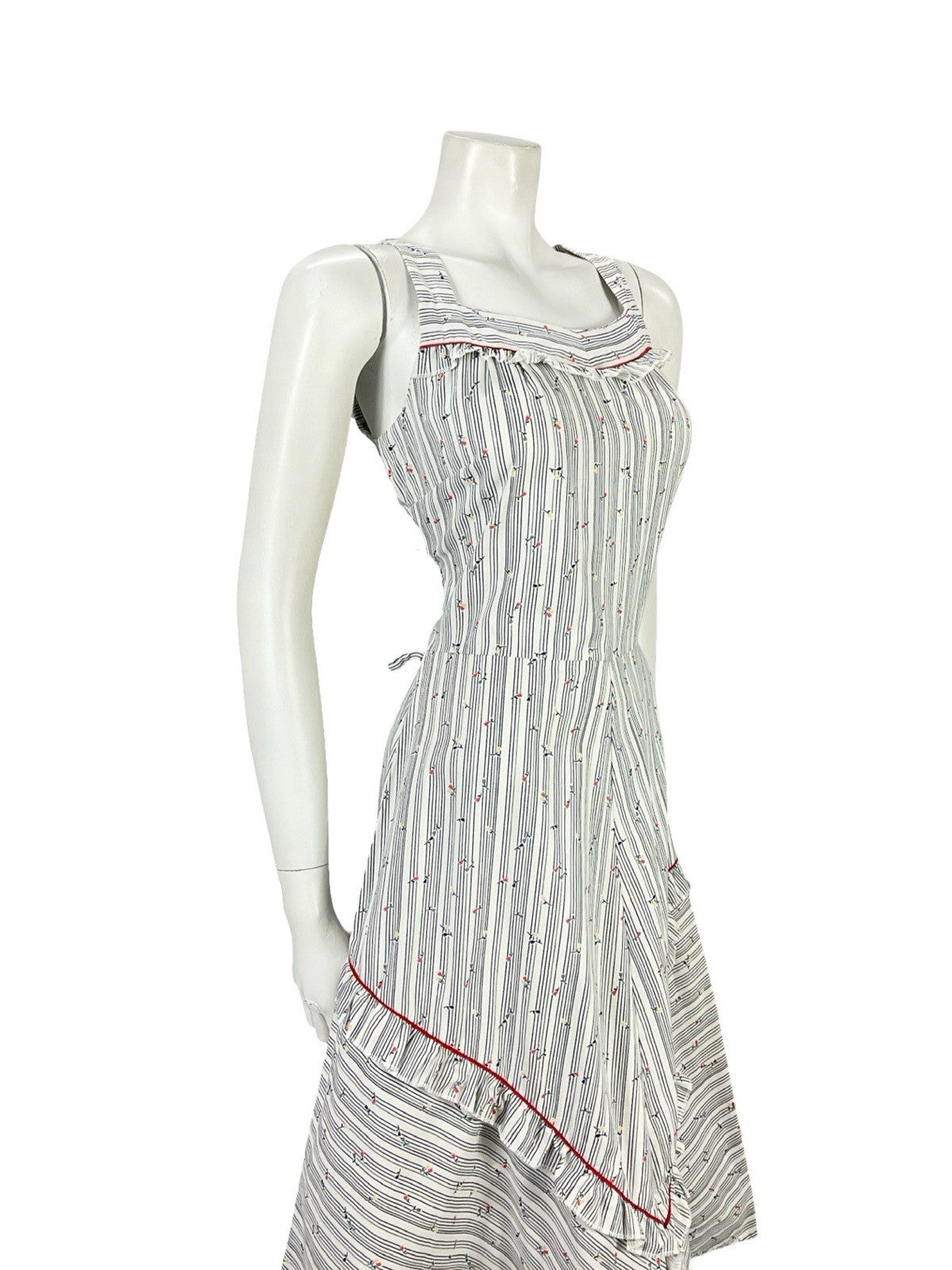 VTG 70S WHITE RED BLUE STRIPED FLORAL RUFFLE A LINE PRAIRIE SWING DRESS 8