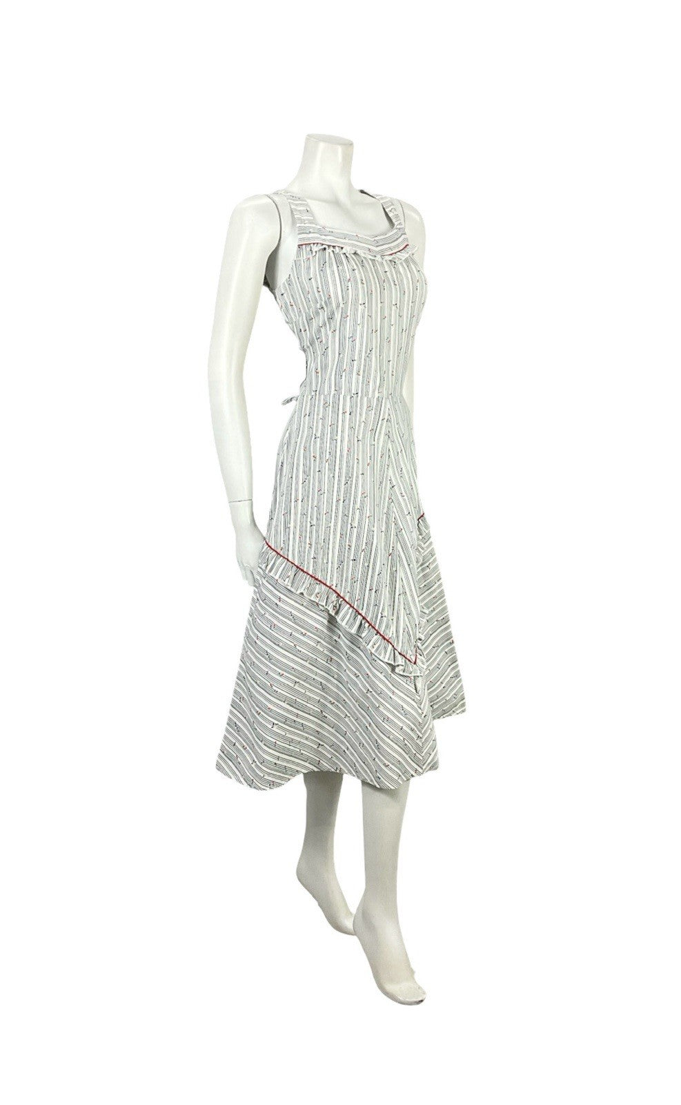VTG 70S WHITE RED BLUE STRIPED FLORAL RUFFLE A LINE PRAIRIE SWING DRESS 8