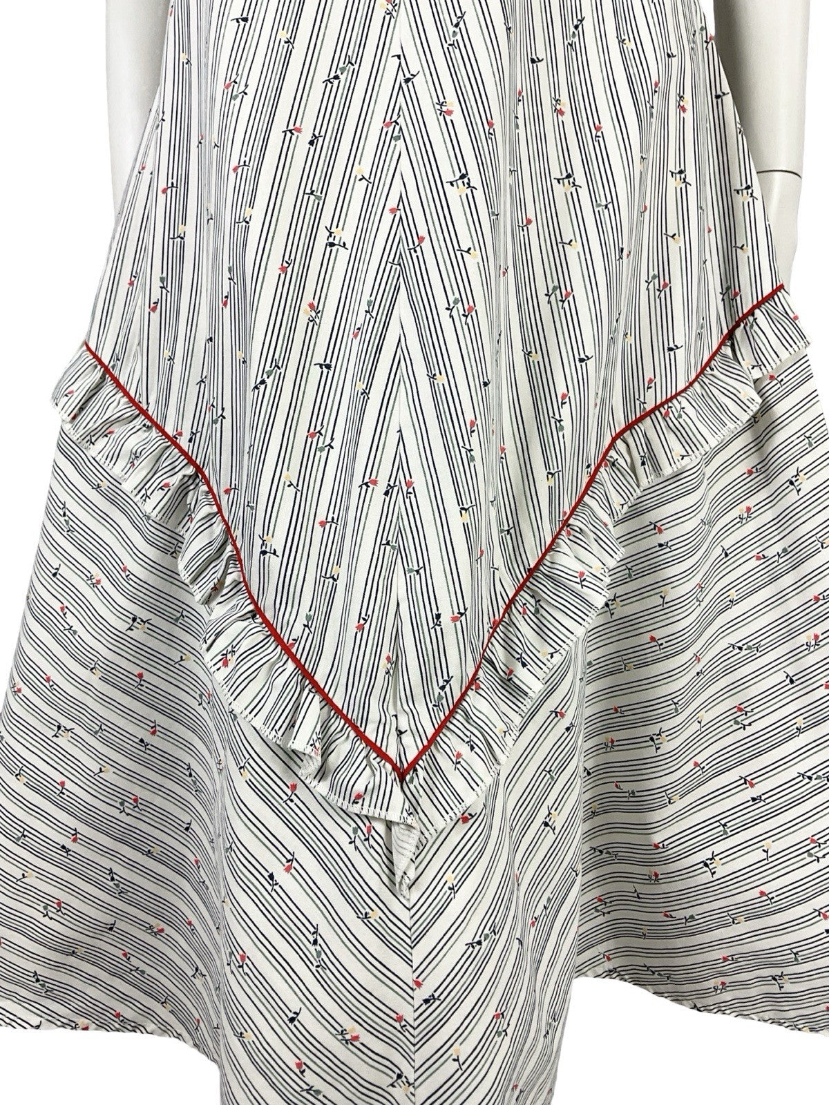 VTG 70S WHITE RED BLUE STRIPED FLORAL RUFFLE A LINE PRAIRIE SWING DRESS 8