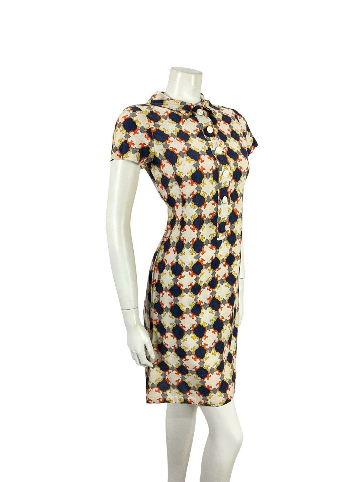 VTG 60S BLUE BEIGE ORANGE YELLOW GEOMETRIC TILE MOD MINI SHIFT SHIRT DRESS 8