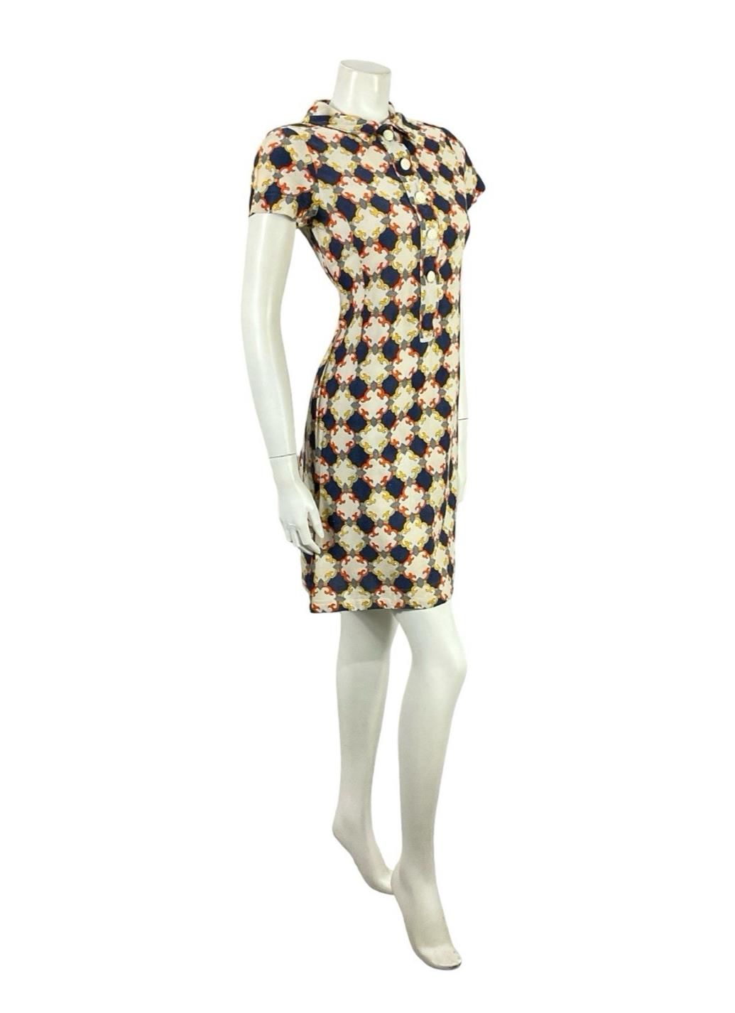 VTG 60S BLUE BEIGE ORANGE YELLOW GEOMETRIC TILE MOD MINI SHIFT SHIRT DRESS 8