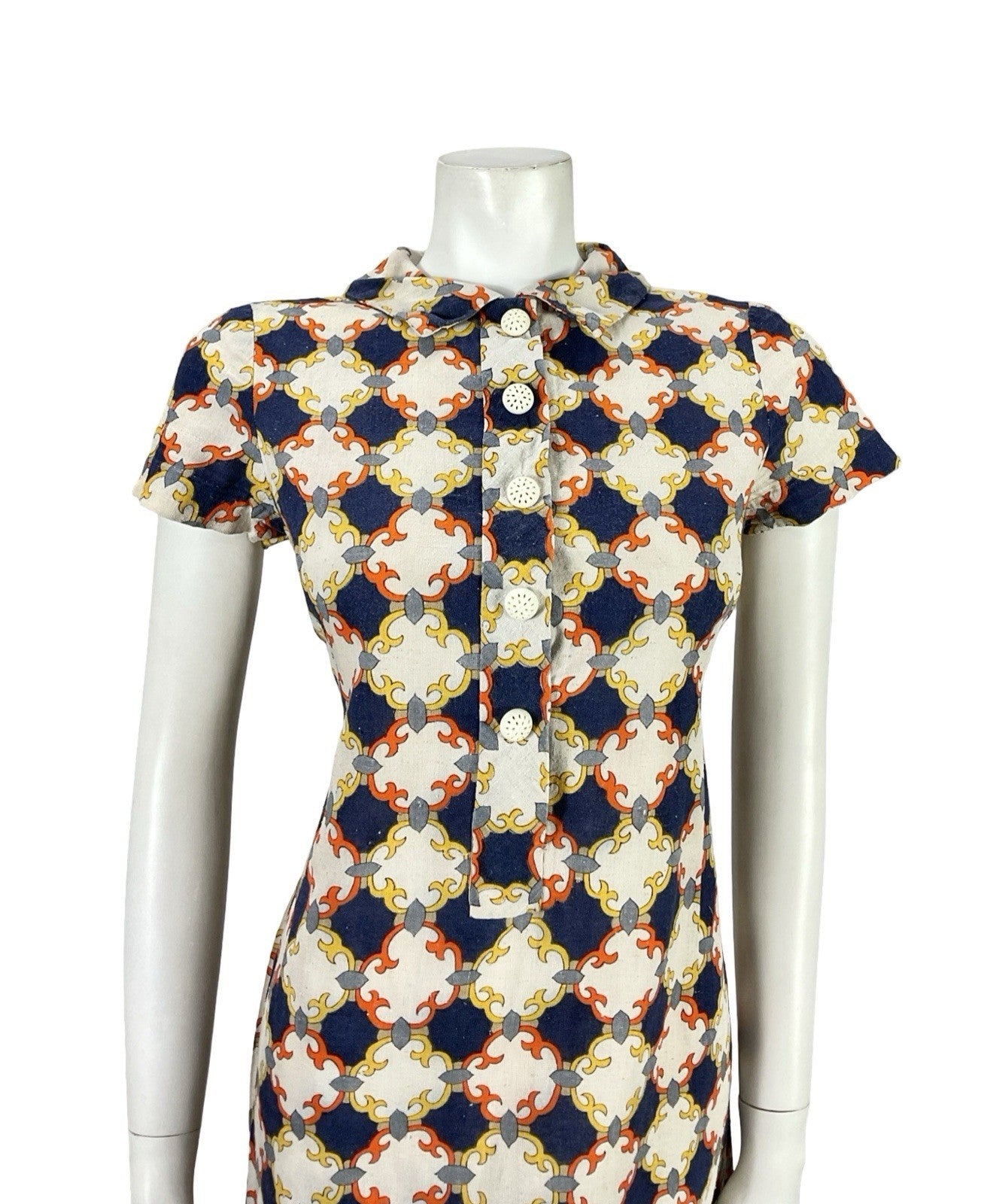 VTG 60S BLUE BEIGE ORANGE YELLOW GEOMETRIC TILE MOD MINI SHIFT SHIRT DRESS 8