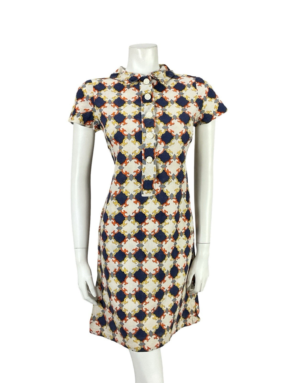 VTG 60S BLUE BEIGE ORANGE YELLOW GEOMETRIC TILE MOD MINI SHIFT SHIRT DRESS 8