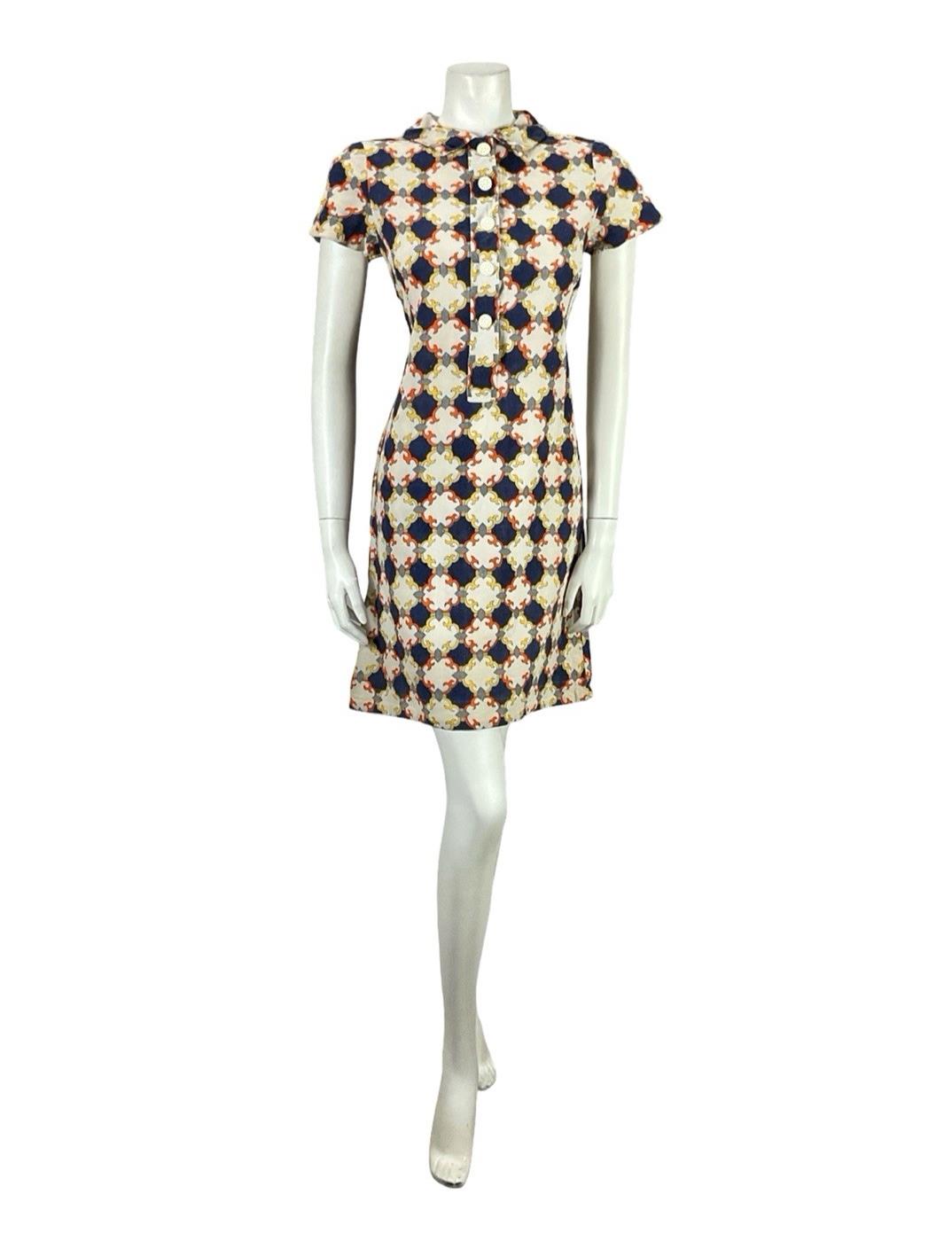 VTG 60S BLUE BEIGE ORANGE YELLOW GEOMETRIC TILE MOD MINI SHIFT SHIRT DRESS 8
