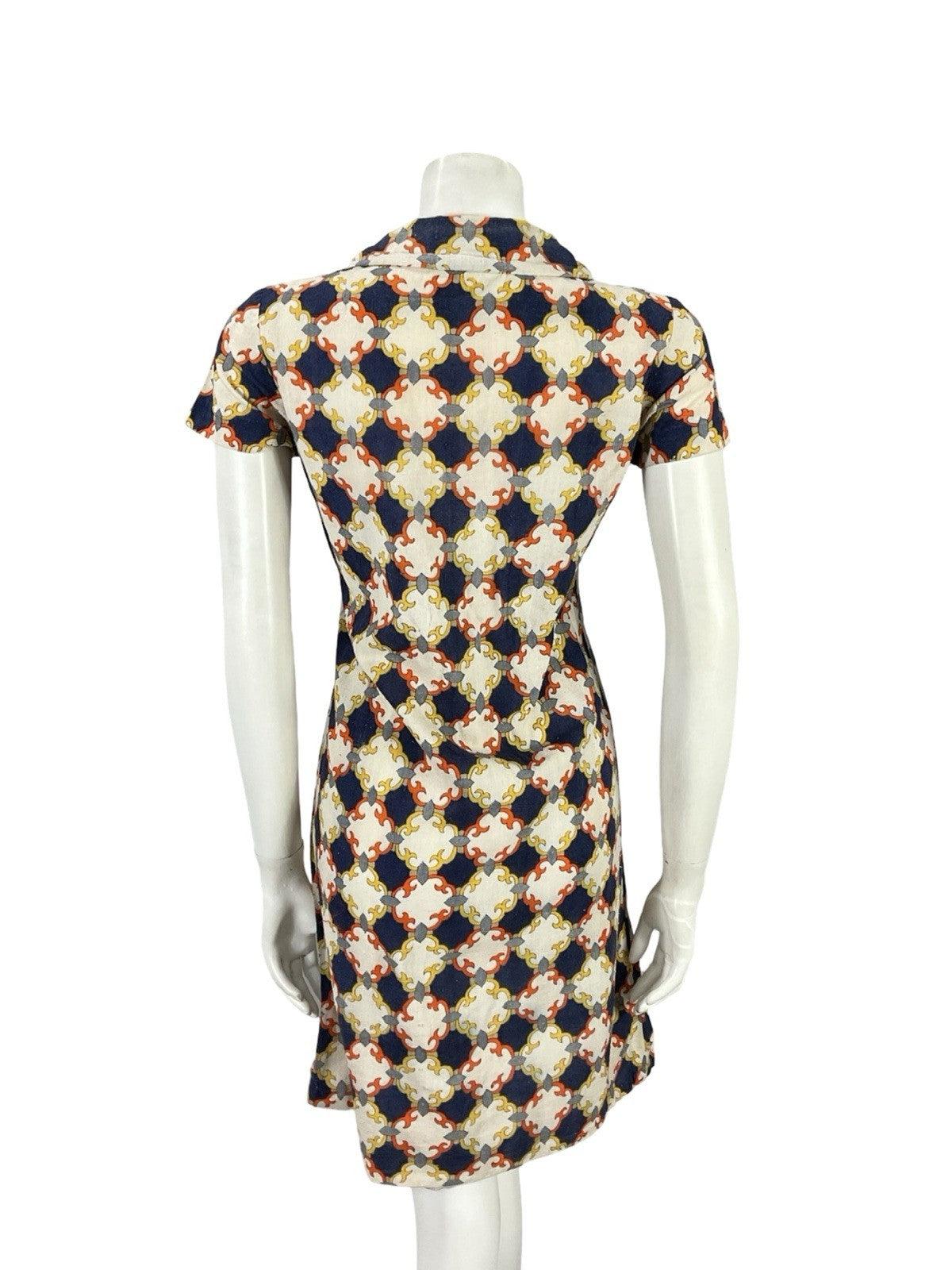 VTG 60S BLUE BEIGE ORANGE YELLOW GEOMETRIC TILE MOD MINI SHIFT SHIRT DRESS 8