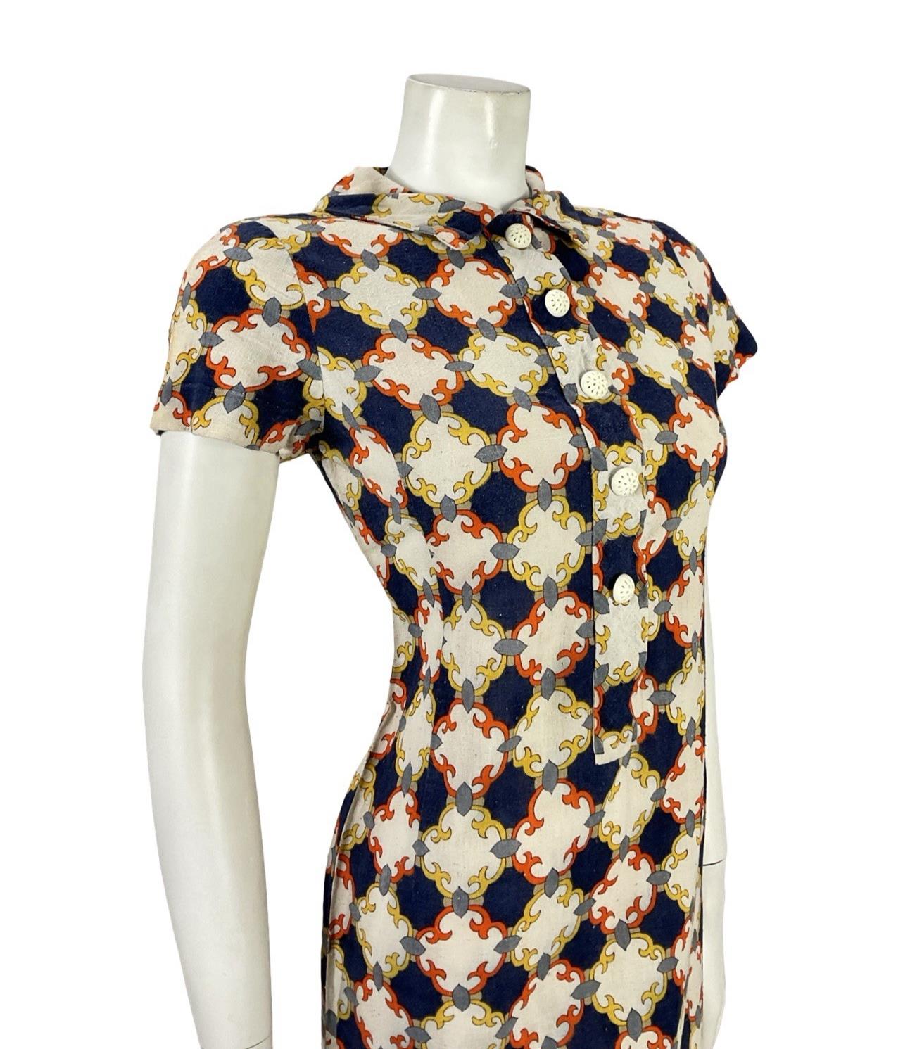 VTG 60S BLUE BEIGE ORANGE YELLOW GEOMETRIC TILE MOD MINI SHIFT SHIRT DRESS 8