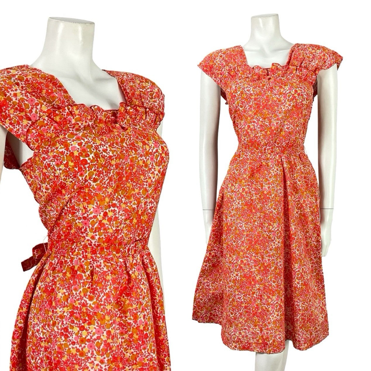 VTG 60S RED WHITE YELLOW DITSY FLORAL RUFFLE TIE WAIST COTTON SWING DRESS 4