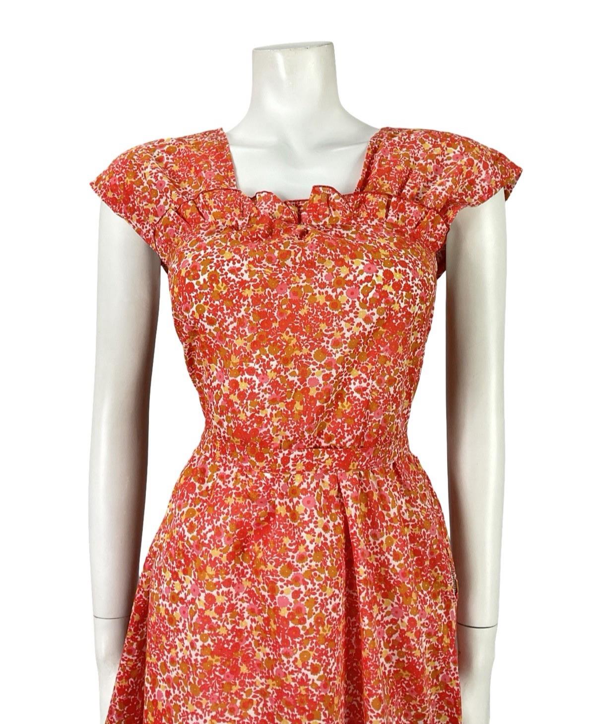 VTG 60S RED WHITE YELLOW DITSY FLORAL RUFFLE TIE WAIST COTTON SWING DRESS 4