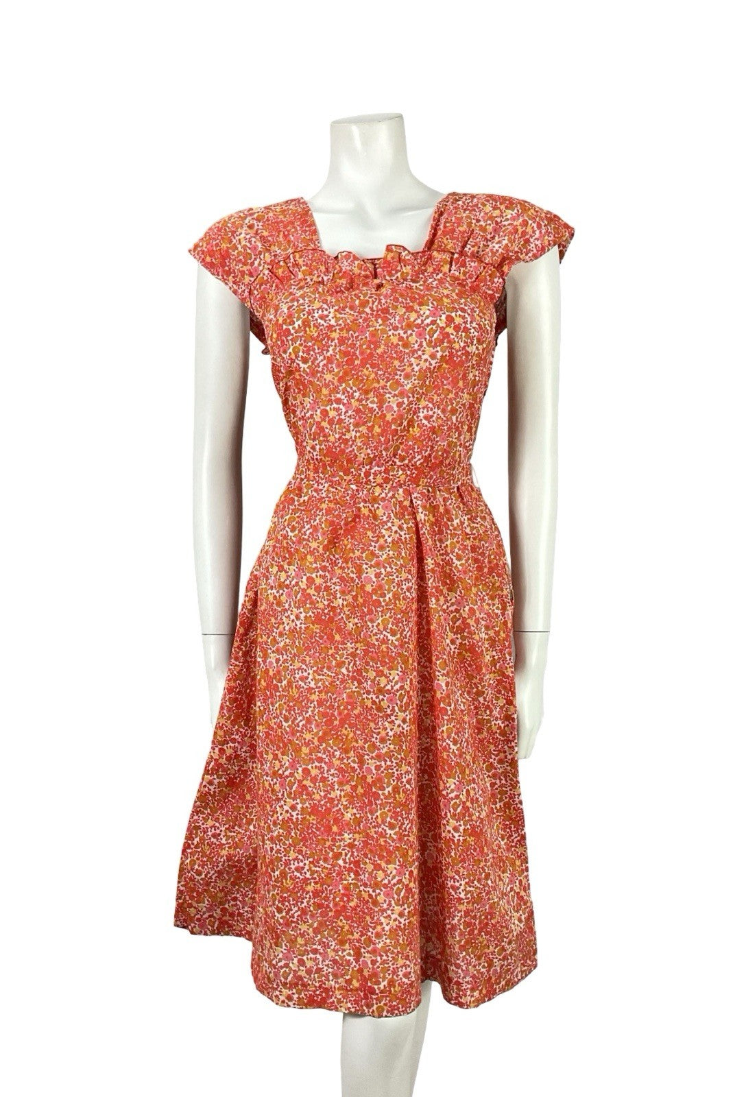 VTG 60S RED WHITE YELLOW DITSY FLORAL RUFFLE TIE WAIST COTTON SWING DRESS 4