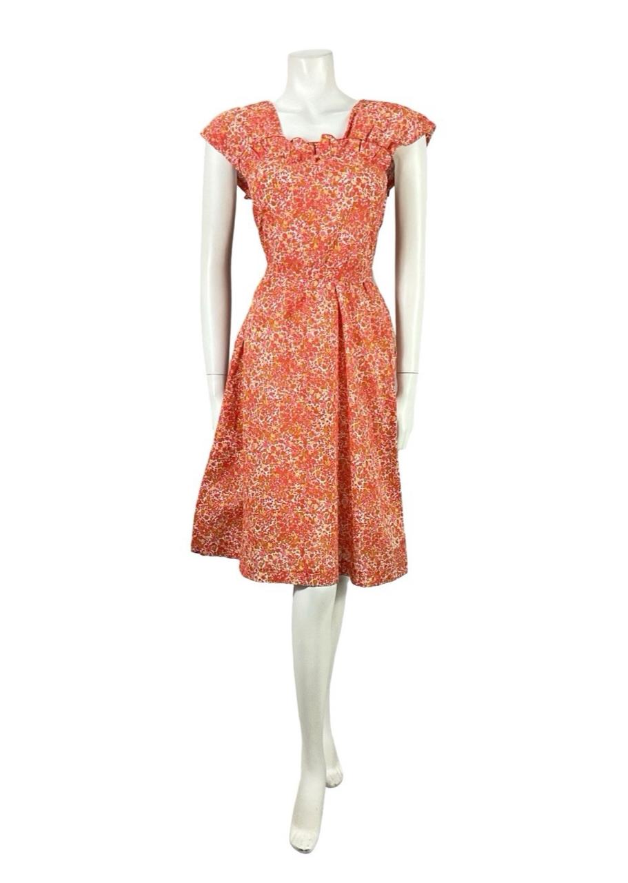 VTG 60S RED WHITE YELLOW DITSY FLORAL RUFFLE TIE WAIST COTTON SWING DRESS 4