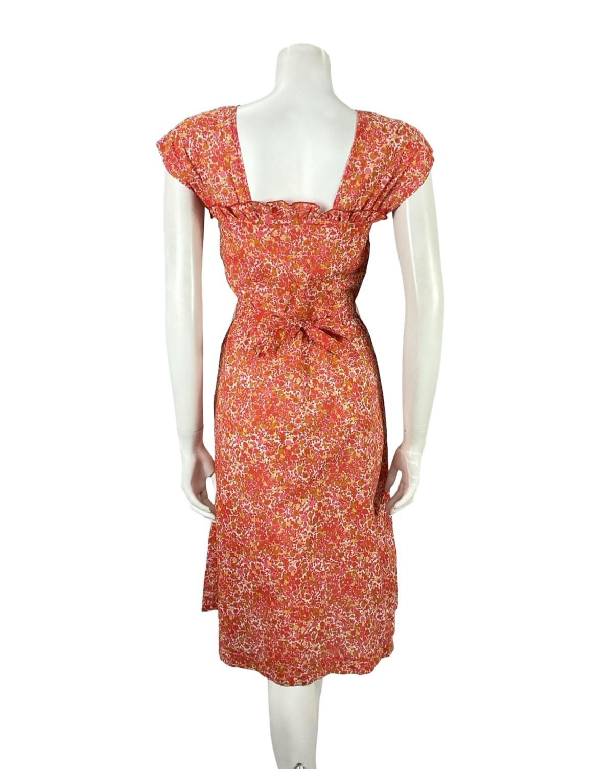 VTG 60S RED WHITE YELLOW DITSY FLORAL RUFFLE TIE WAIST COTTON SWING DRESS 4