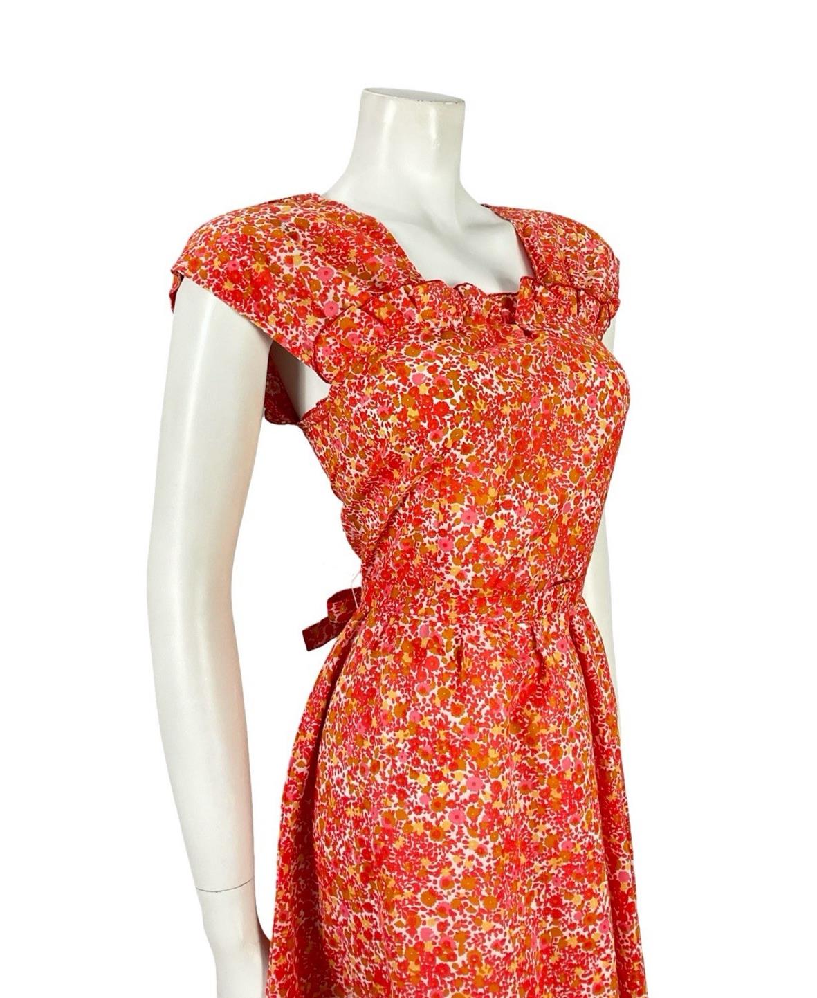 VTG 60S RED WHITE YELLOW DITSY FLORAL RUFFLE TIE WAIST COTTON SWING DRESS 4