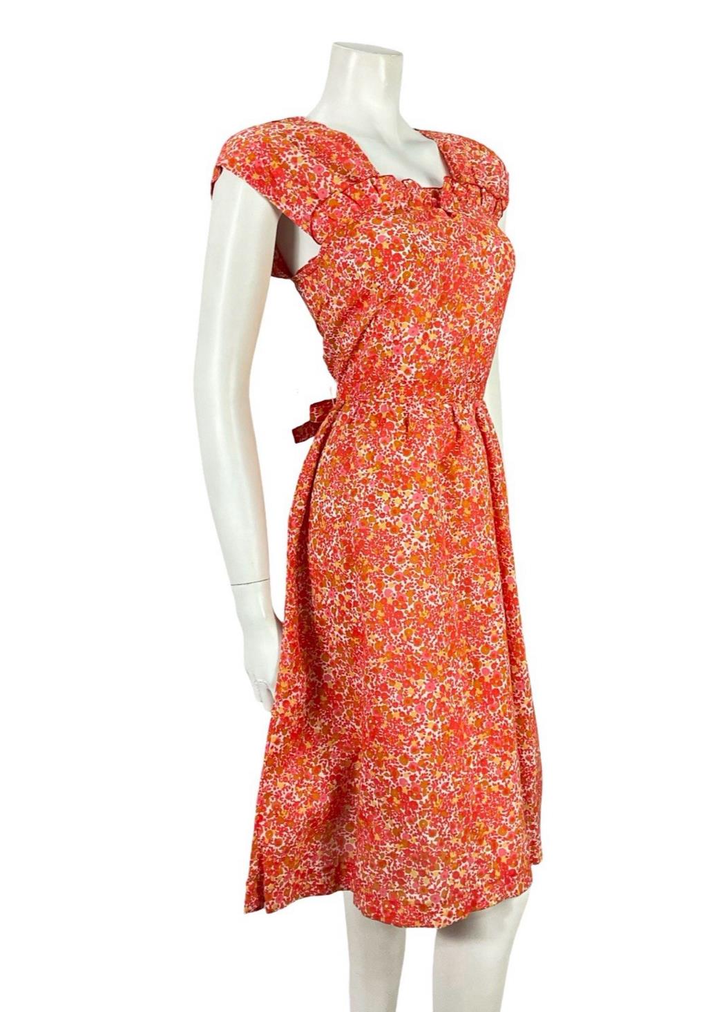 VTG 60S RED WHITE YELLOW DITSY FLORAL RUFFLE TIE WAIST COTTON SWING DRESS 4