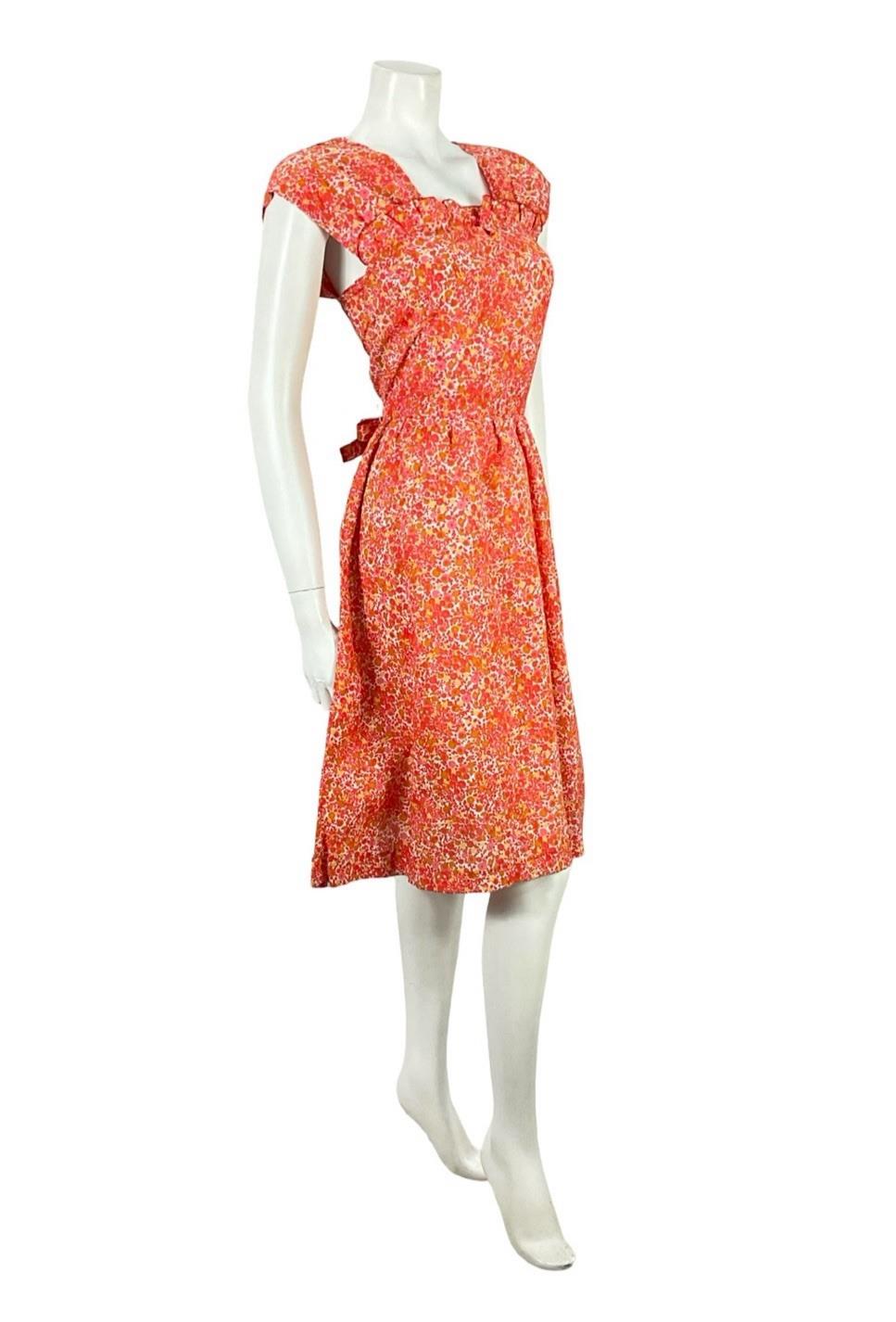VTG 60S RED WHITE YELLOW DITSY FLORAL RUFFLE TIE WAIST COTTON SWING DRESS 4