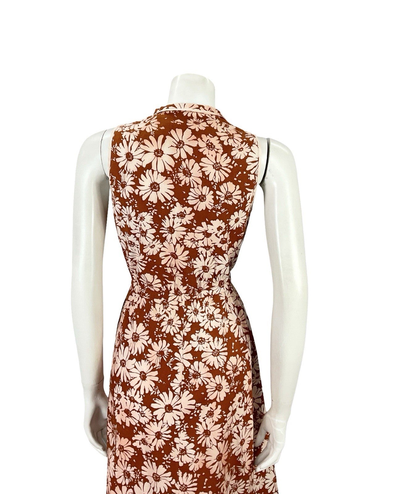 VTG 60S 70S BROWN CREAM FLORAL DAISY A LINE MOD SHIRT MIDI DRESS 8